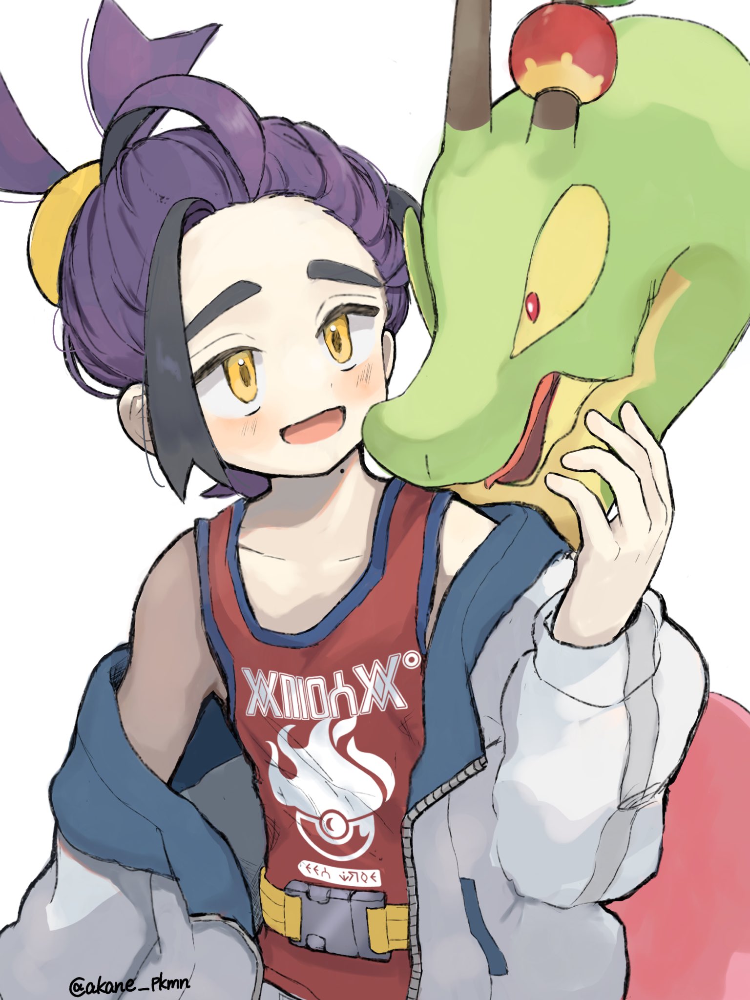 hydrapple, kieran (pokemon), nintendo, pokemon, pokemon sv, commentary request, highres, 1boy, black hair, blush, colored sclera, jacket, long sleeves, lucria, male focus, mole, mole on neck, off shoulder, open clothes, open jacket, open mouth, orange eyes, poke ball print, pokemon (creature), purple hair, red eyes, red tank top, simple background, tank top, twitter username, white background, white jacket, yellow sclera