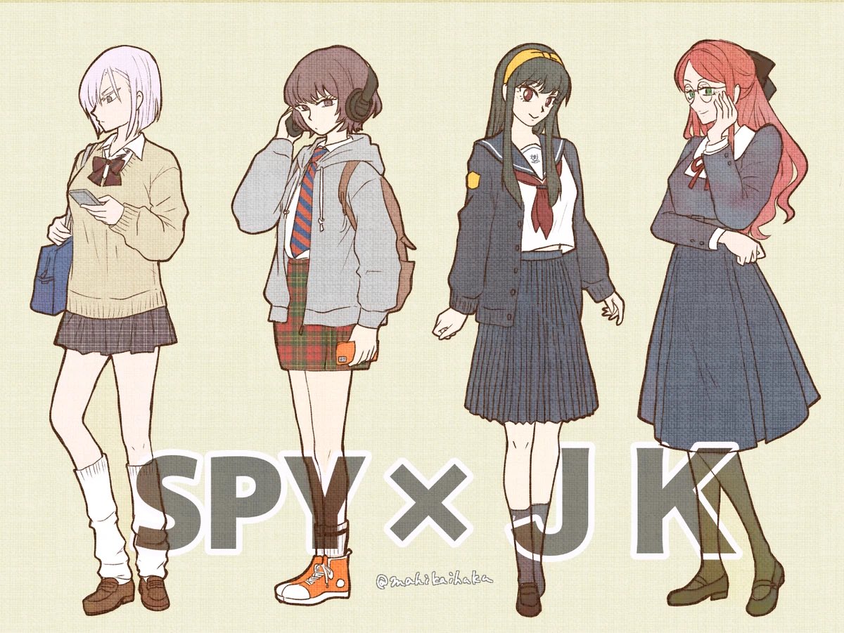 chloe (spy x family), fiona frost, sylvia sherwood, yor briar, spy x family, black hair, black serafuku, blazer, blue sailor collar, blue skirt, glasses, hairband, jacket, long hair, long sleeves, looking at viewer, mahikaihuku, multiple girls, neckerchief, pink hair, pleated skirt, round eyewear, sailor collar, school uniform, serafuku, shirt, short hair, skirt, smile, socks, white sailor collar, white shirt