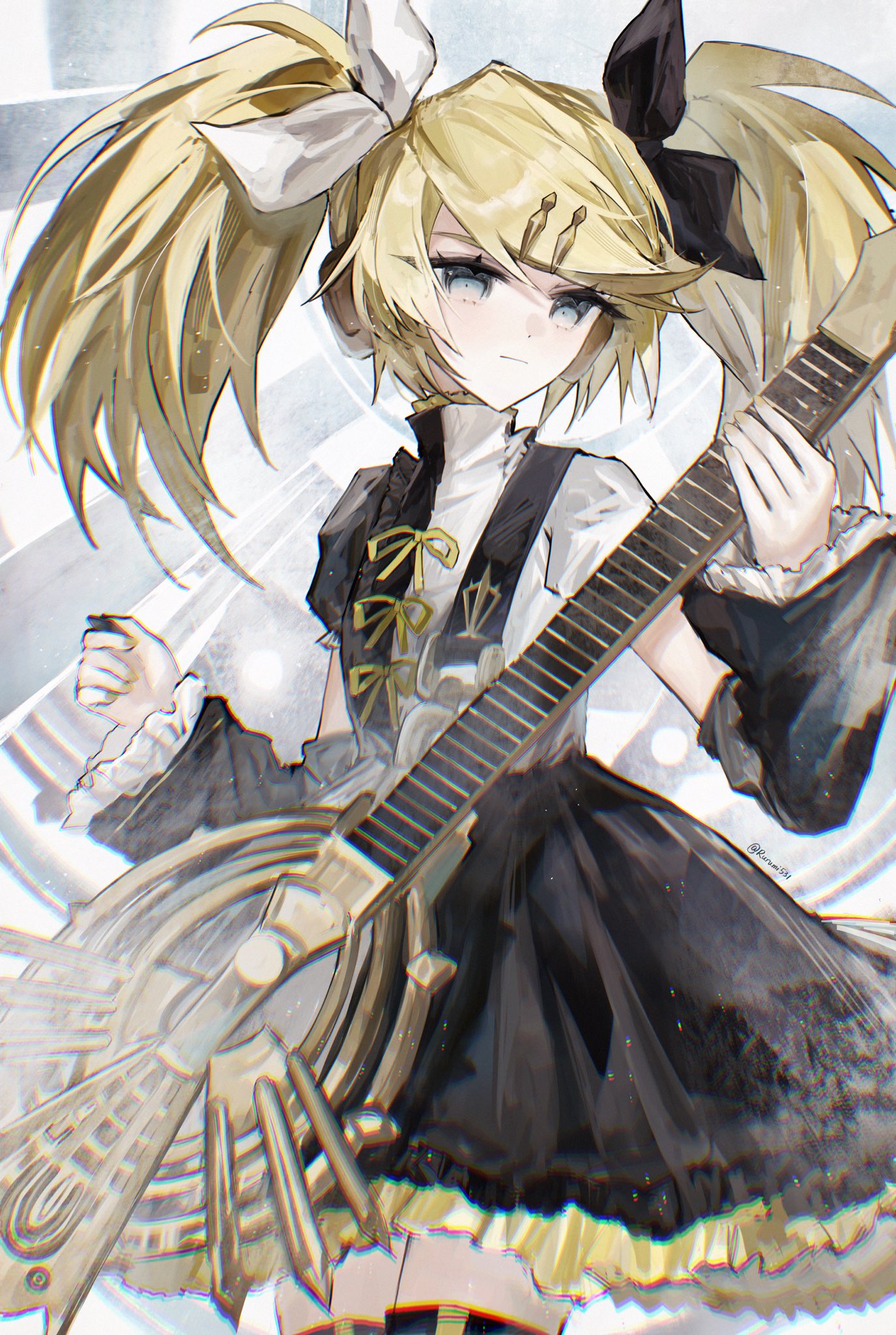 shiruru531, kagamine rin, kagamine rin (reactor), roshin yuukai (vocaloid), vocaloid, highres, 1girl, alternate hairstyle, black bow, black dress, black sleeves, black thighhighs, blonde hair, blue eyes, bow, closed mouth, cowboy shot, detached sleeves, dress, electric guitar, frilled dress, frilled sleeves, frills, guitar, hair bow, hair ornament, hair ribbon, hairclip, headphones, holding, holding instrument, instrument, long hair, looking at viewer, ribbon, solo, swept bangs, thighhighs, twintails, zettai ryouiki