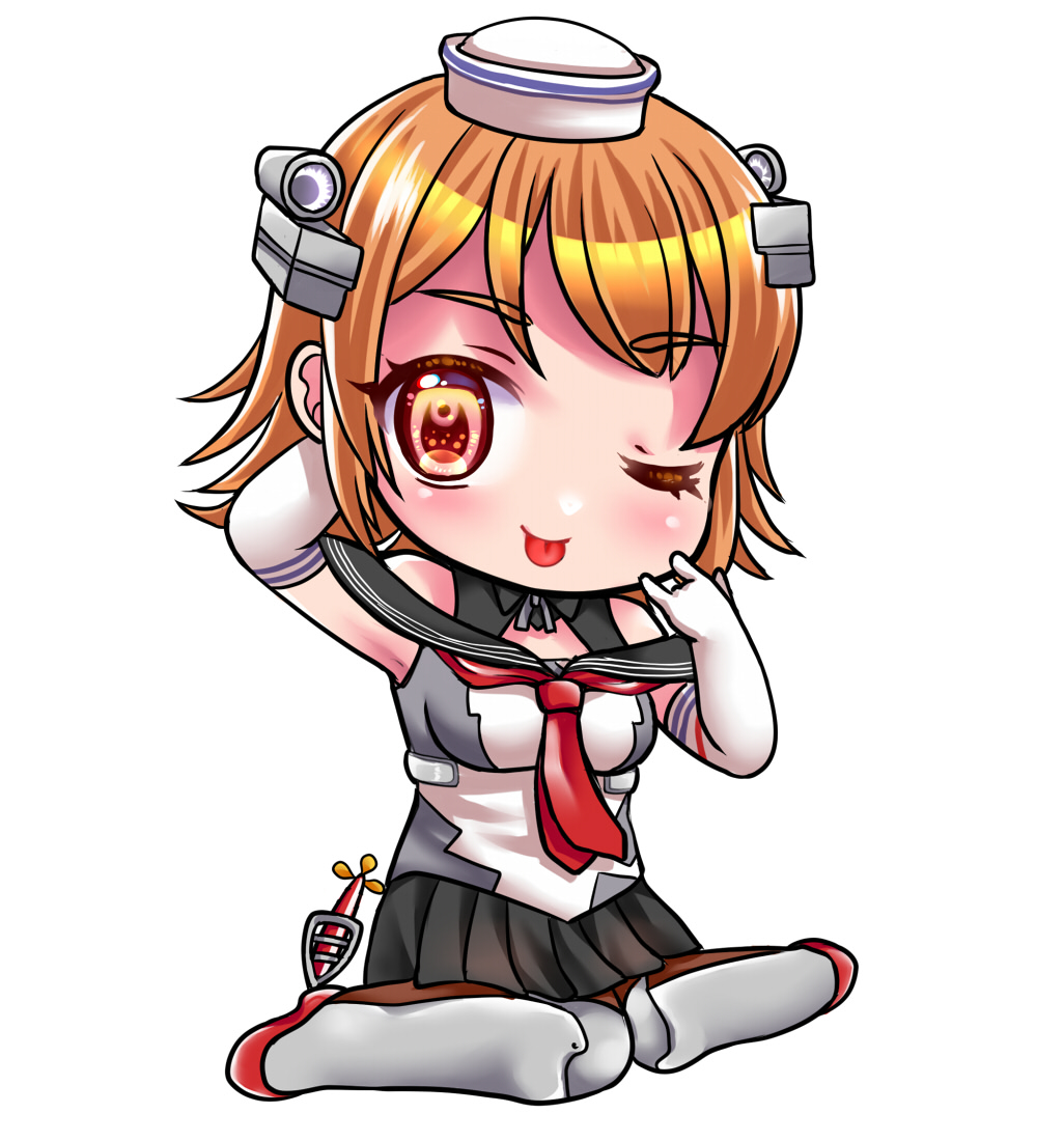 izumi shara, richard p. leary (kancolle), kantai collection, commentary request, 1girl, black sailor collar, black skirt, brown eyes, chibi, dixie cup hat, elbow gloves, flipped hair, gloves, grey shirt, hat, headgear, military hat, necktie, one eye closed, orange hair, pleated skirt, red necktie, rudder footwear, sailor collar, sailor shirt, school uniform, serafuku, shin guards, shirt, simple background, skirt, solo, tongue, tongue out, white background, white gloves