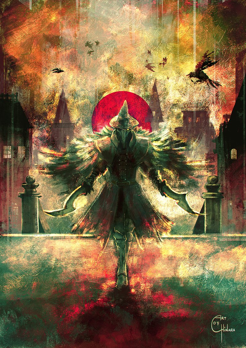 artofchinara, eileen the crow, bloodborne, 1girl, animal, artist name, bird, black cape, black coat, black gloves, black hat, black pants, blood, boots, cape, coat, crow, dual wielding, feathered cape, full body, gloves, hat, holding, holding sword, holding weapon, outdoors, pants, plague doctor mask, short sword, solo, standing, sword, walking, weapon