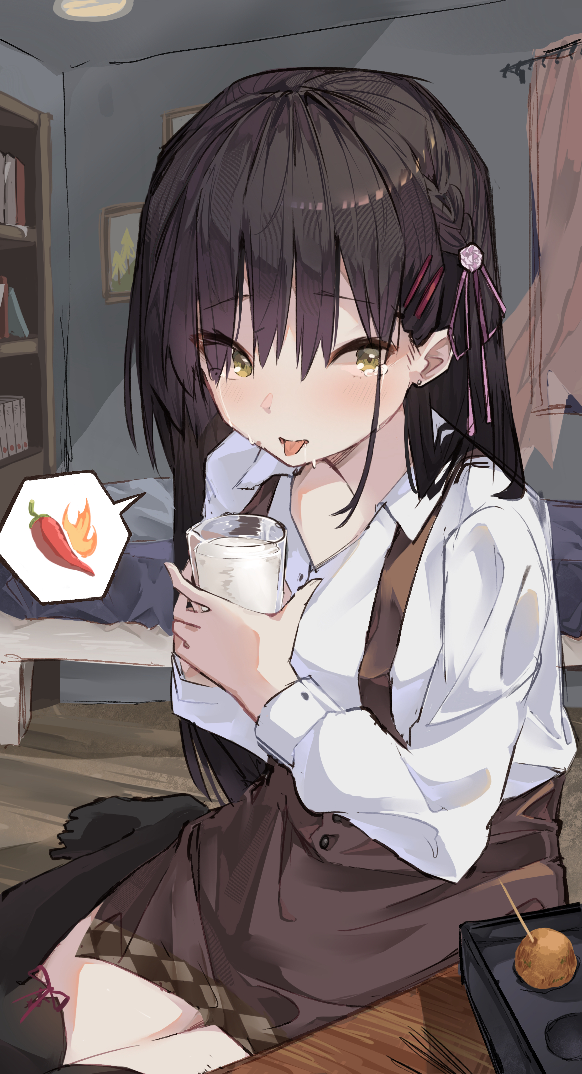 hato (hatotoou), shiki natsume, cafe stella to shinigami no chou, absurdres, commentary, highres, 1girl, black hair, black thighhighs, blush, braid, brown skirt, chili pepper, collared shirt, crying, crying with eyes open, cup, dress shirt, earrings, eyes visible through hair, food, foot out of frame, glass, hair behind ear, hair between eyes, hair ornament, hair over shoulder, hair ribbon, hairclip, hands up, high-waist skirt, holding, holding cup, indoors, jewelry, long hair, long sleeves, looking at viewer, milk, no shoes, on floor, open mouth, parallel hairclips, pink ribbon, ribbon, shirt, side braid, sitting, skirt, solo, speech bubble, spicy, spoken object, straight hair, streaming tears, stud earrings, suspender skirt, suspenders, sweat, takoyaki, tears, thighhighs, tongue, tongue out, very long hair, wariza, white shirt, yellow eyes, zettai ryouiki