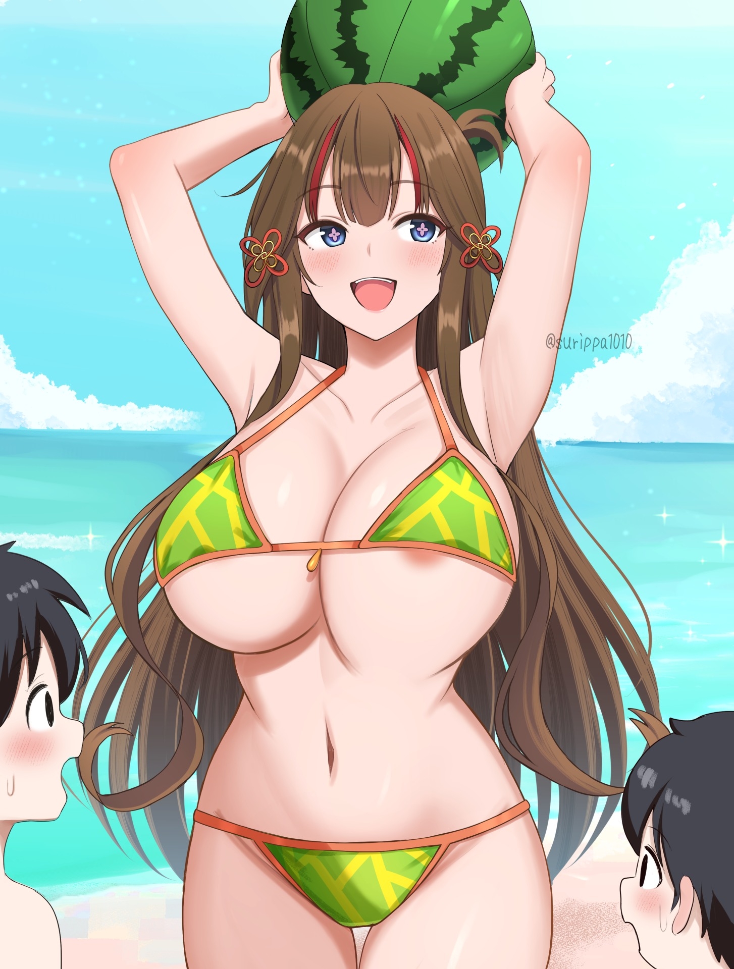surippa1010, toki (senran kagura), senran kagura, highres, 1girl, 2boys, :d, areola slip, armpits, arms up, ball, beach, beachball, bikini, black eyes, black hair, blue sky, breasts, brown hair, cloud, crested ibis, day, green bikini, holding, holding ball, holding beachball, large breasts, long hair, looking at another, multiple boys, ocean, open mouth, outdoors, sky, smile, summer, swimsuit
