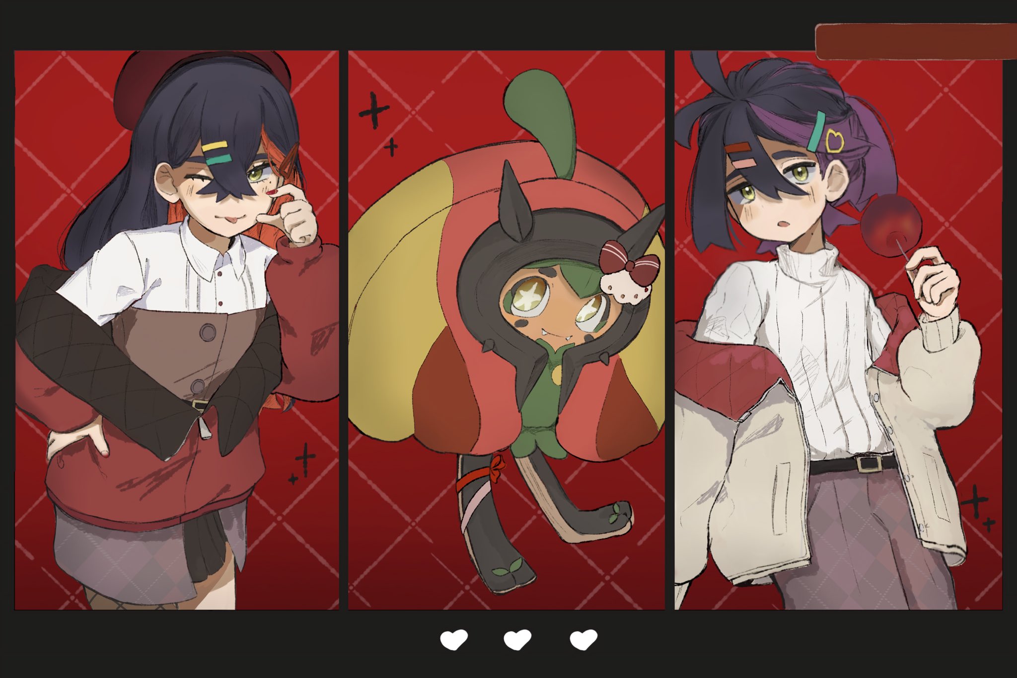 carmine (pokemon), kieran (pokemon), ogerpon, nintendo, pokemon, pokemon sv, highres, 1boy, 1girl, alternate costume, alternate hairstyle, beret, black hair, bow, brother and sister, candy apple, collared shirt, crossed bangs, fangs, food, hair ornament, hairclip, hand on own hip, hat, heart, holding, holding food, jacket, long hair, long sleeves, looking at viewer, lucria, mole, mole on neck, mole under eye, nail polish, off shoulder, one eye closed, open clothes, open jacket, pokemon (creature), purple hair, red bow, red hat, red nails, shirt, siblings, star-shaped pupils, star (symbol), sweater, symbol-shaped pupils, tongue, tongue out, turtleneck, turtleneck sweater, white sweater, yellow eyes