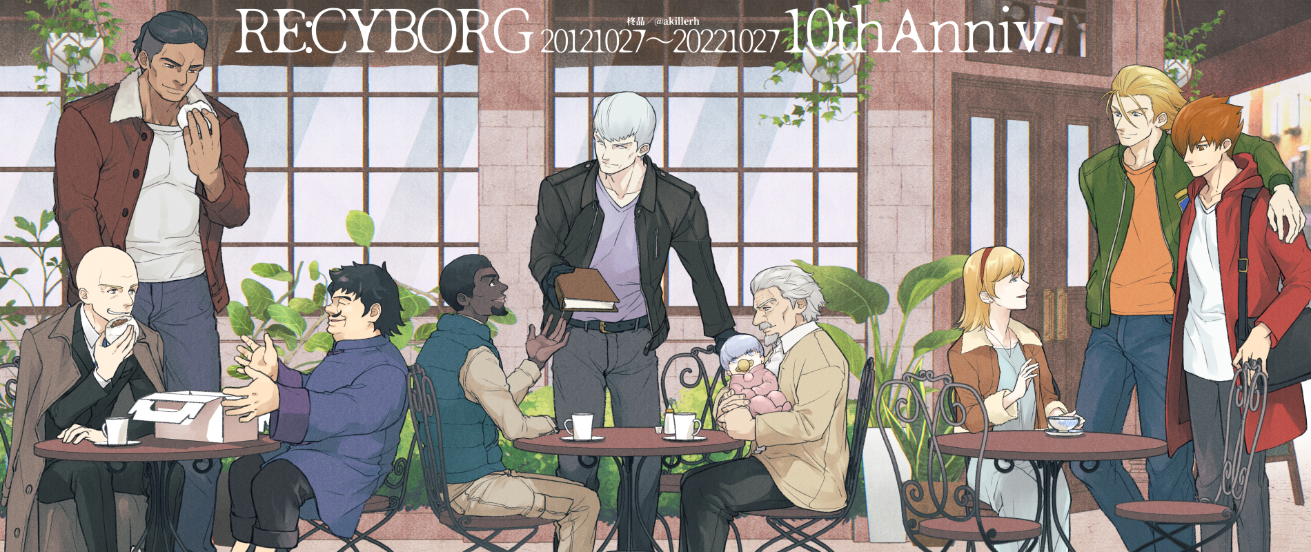 dragon-inn, albert heinrich, chang changku, francoise arnoul, geronimo jr, great britain (cyborg 009), ivan whisky, jet link, pyunma, shimamura joe, 009 re:cyborg, cyborg 009, highres, 1girl, belt, blonde hair, book, casual, closed mouth, coat, copyright name, cyborg, dark-skinned male, dark skin, dated, facial hair, hair over one eye, hairband, holding, isaac gilmore, long hair, multiple boys, mustache, red coat, scarf, short hair, smile, yellow scarf