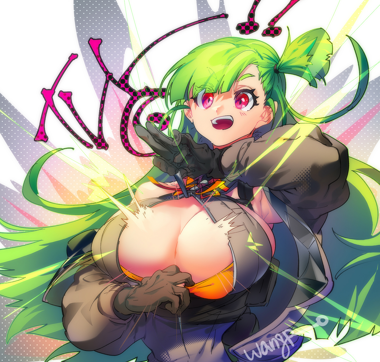 wangpo, belka (girls' frontline 2), g28 (girls' frontline), girls' frontline, girls' frontline 2: exilium, commentary request, highres, korean commentary, 1girl, artist name, black gloves, breasts, brown jacket, cleavage, gloves, green hair, jacket, one side up, open clothes, open jacket, open mouth, red eyes, solo, teeth, upper body, upper teeth only, white background