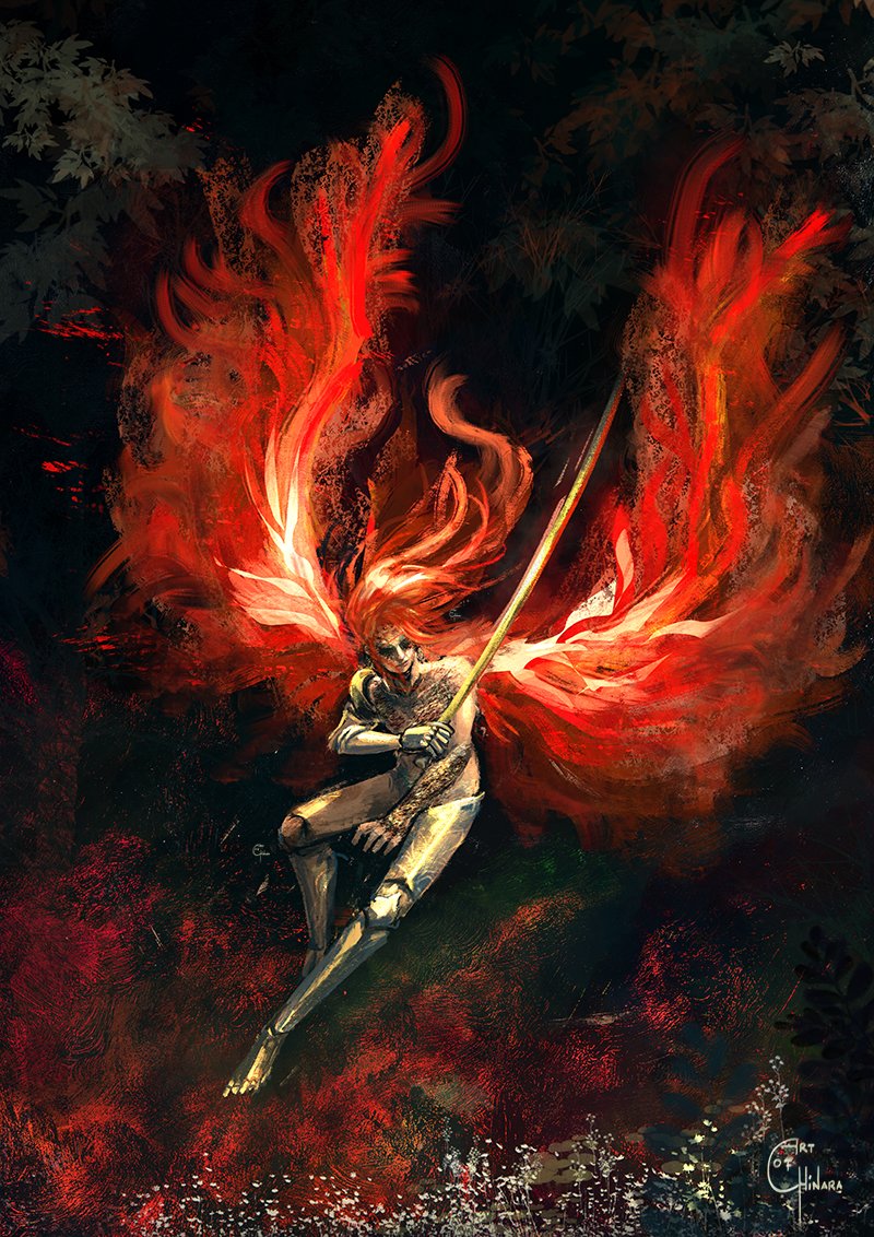 artofchinara, malenia blade of miquella, malenia goddess of rot, elden ring, 1girl, black background, closed mouth, holding, holding sword, holding weapon, long hair, mechanical arms, prosthesis, prosthetic arm, prosthetic leg, red hair, single mechanical arm, solo, sword, weapon