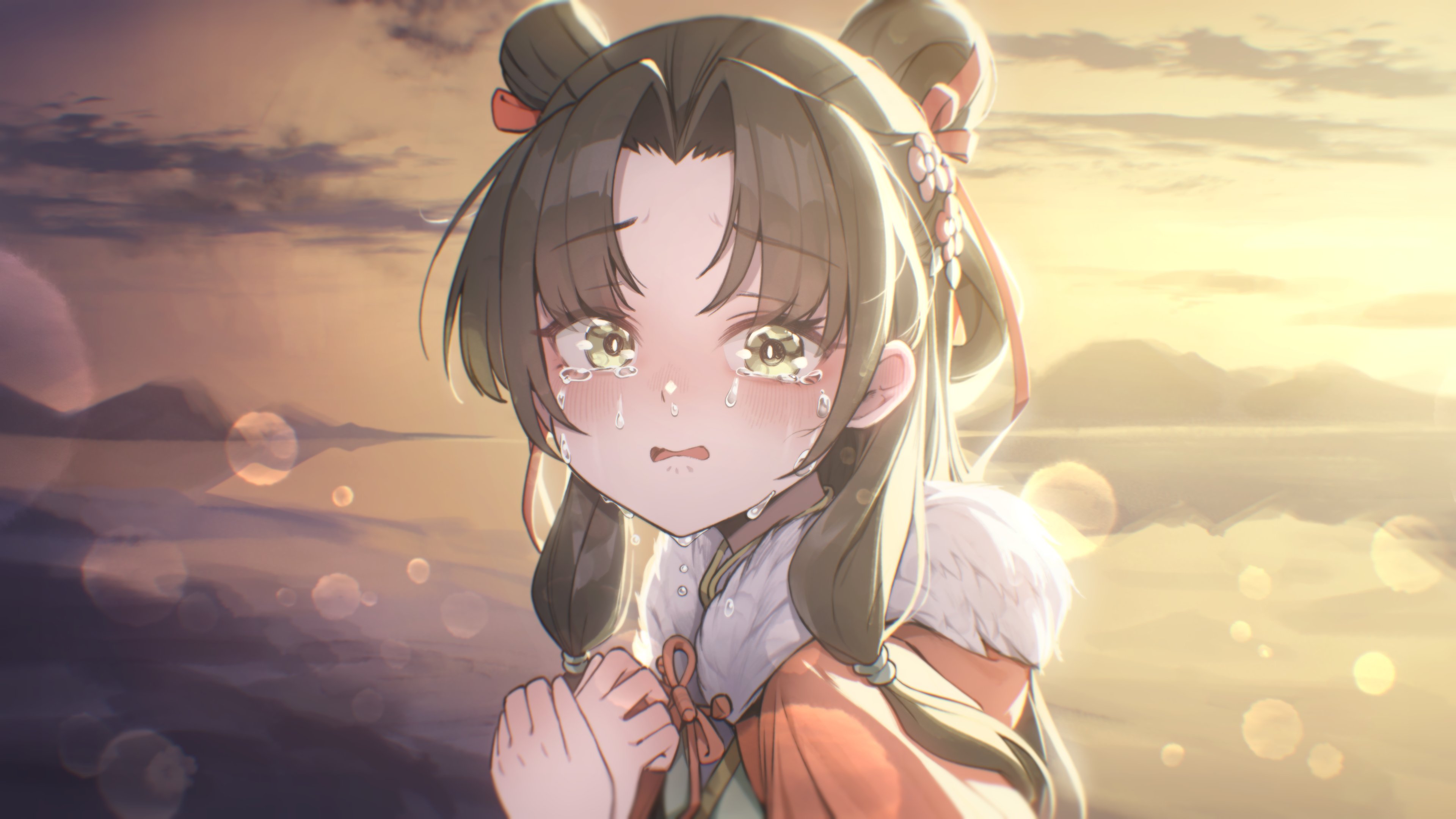 legend of mortal, absurdres, highres, 1girl, black hair, blush, cloak, crying, harumita221, long hair, pink cloak, pink ribbon, ribbon, ye yunshang