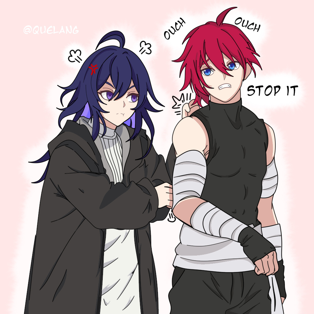 reila nii, luka (honkai: star rail), seele (honkai: star rail), honkai: star rail, honkai (series), sousou no frieren, 1boy, 1girl, ahoge, bandages, black coat, black shirt, blue eyes, coat, long hair, open clothes, open coat, pout, purple eyes, purple hair, red hair, scene reference, shirt, short hair, twitter username, white shirt