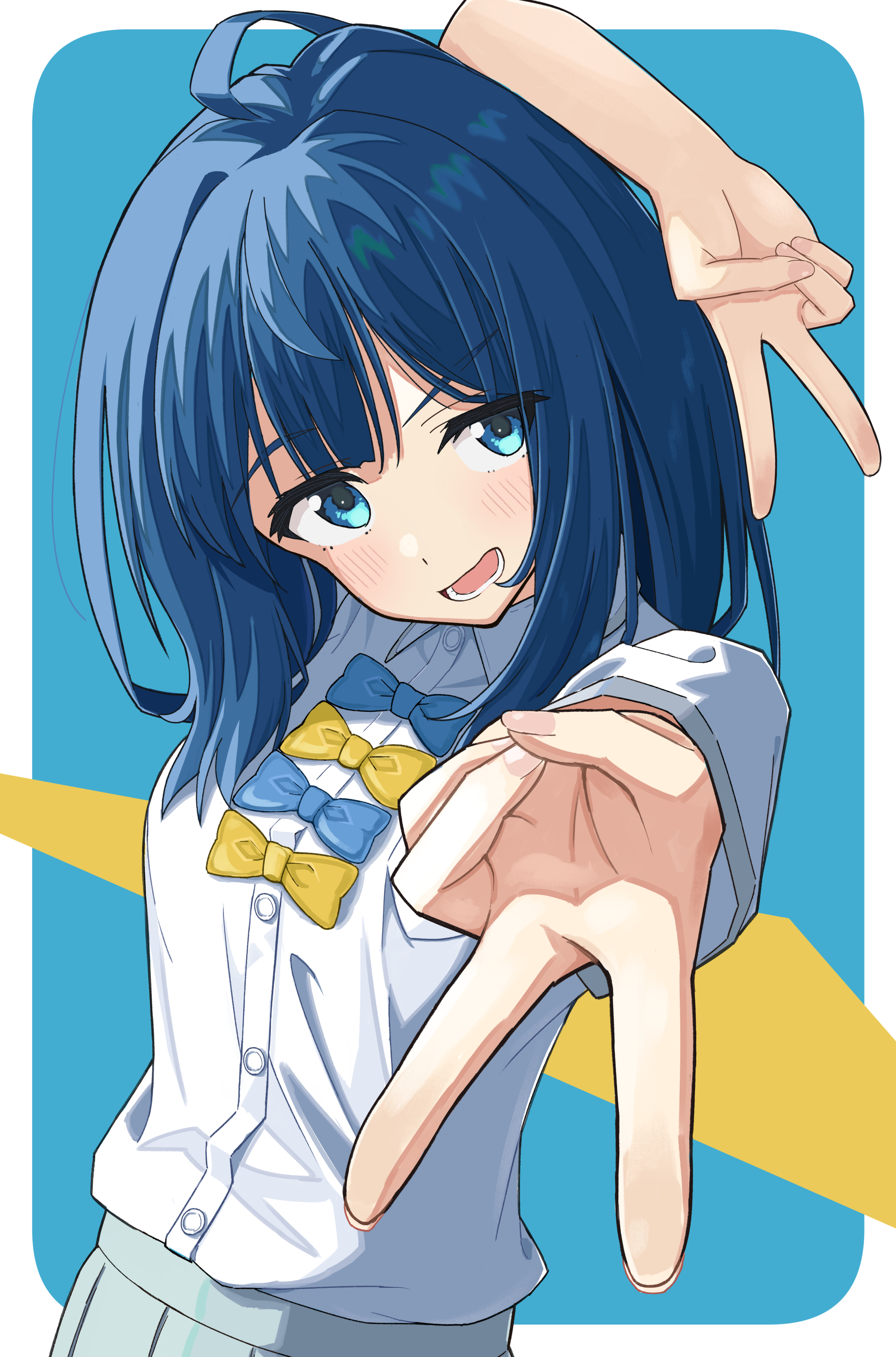 cevi79604876054, yanami anna, make heroine ga oo sugiru!, absurdres, commentary, highres, 1girl, :d, ahoge, arm behind head, blue background, blue bow, blue bowtie, blue eyes, blue hair, blush, border, bow, bowtie, collared shirt, cowboy shot, double bun, dress shirt, eyelashes, fingernails, foreshortening, hair between eyes, hair bun, head tilt, looking at viewer, lower teeth only, medium hair, open mouth, outside border, outstretched arm, school uniform, shirt, short sleeves, sidelighting, simple background, smile, smug, solo, straight hair, teeth, v-shaped eyebrows, white border, white shirt, yellow bow, yellow bowtie