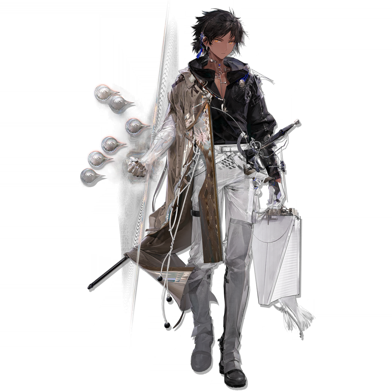 shuiyaoximushi, thorns (arknights), thorns the lodestar (arknights), arknights, highres, official art, third-party source, 1boy, bishounen, black hair, black shirt, braid, bright pupils, closed mouth, dark-skinned male, dark skin, dress shirt, formal clothes, full body, looking at viewer, low ponytail, male focus, official alternate costume, open clothes, open shirt, orange eyes, pants, ponytail, serious, shirt, short hair, short ponytail, simple background, solo, standing, sword, tachi-e, transparent background, weapon, white pants, white pupils