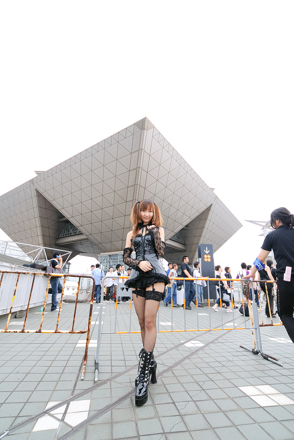 amane misa, iwazaki rinka, death note, highres, photo (medium), boots, cosplay, detached sleeves, dress, fishnets, garter belt, lace, thighhighs, twintails