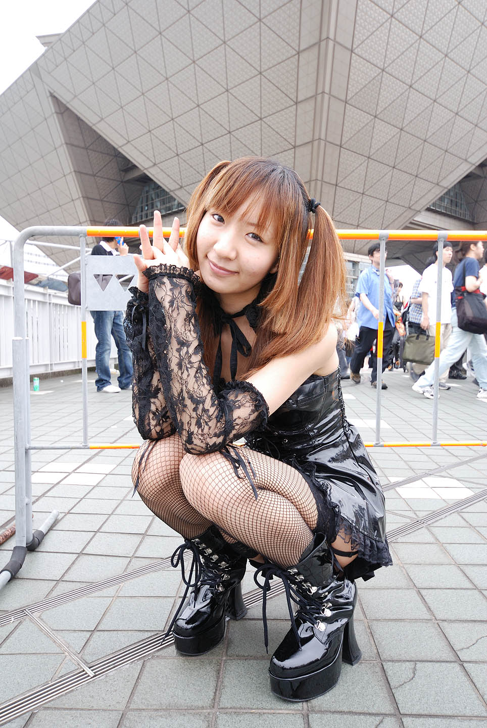 amane misa, iwazaki rinka, death note, highres, photo (medium), boots, cosplay, detached sleeves, dress, fishnets, garter belt, lace, thighhighs, twintails