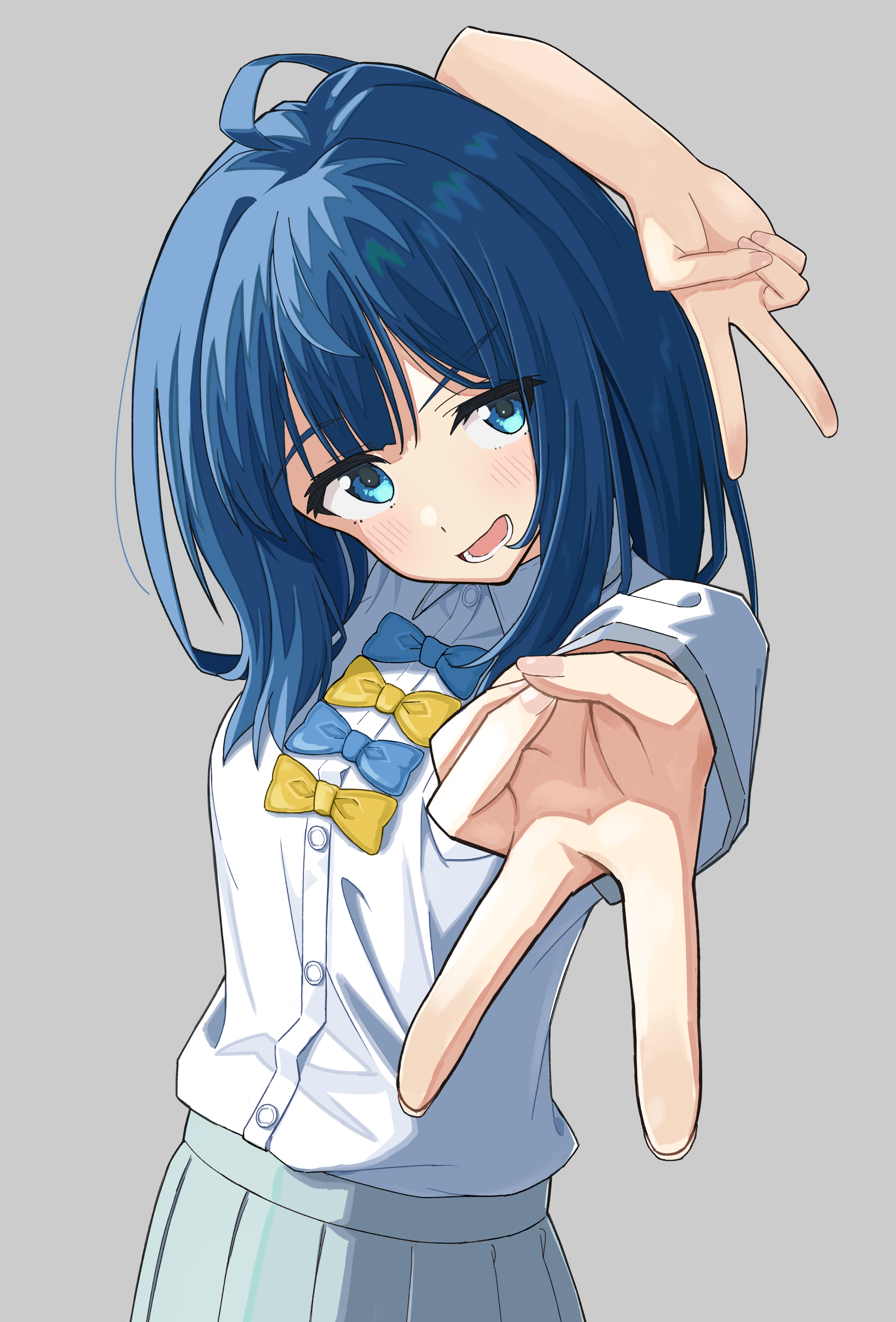 cevi79604876054, yanami anna, make heroine ga oo sugiru!, absurdres, commentary, highres, 1girl, :d, ahoge, arm behind head, blue bow, blue bowtie, blue eyes, blue hair, blush, bow, bowtie, collared shirt, cowboy shot, double bun, dress shirt, eyelashes, fingernails, foreshortening, grey background, hair between eyes, hair bun, head tilt, looking at viewer, lower teeth only, medium hair, open mouth, outstretched arm, school uniform, shirt, short sleeves, sidelighting, simple background, smile, smug, solo, straight hair, teeth, v-shaped eyebrows, white shirt, yellow bow, yellow bowtie