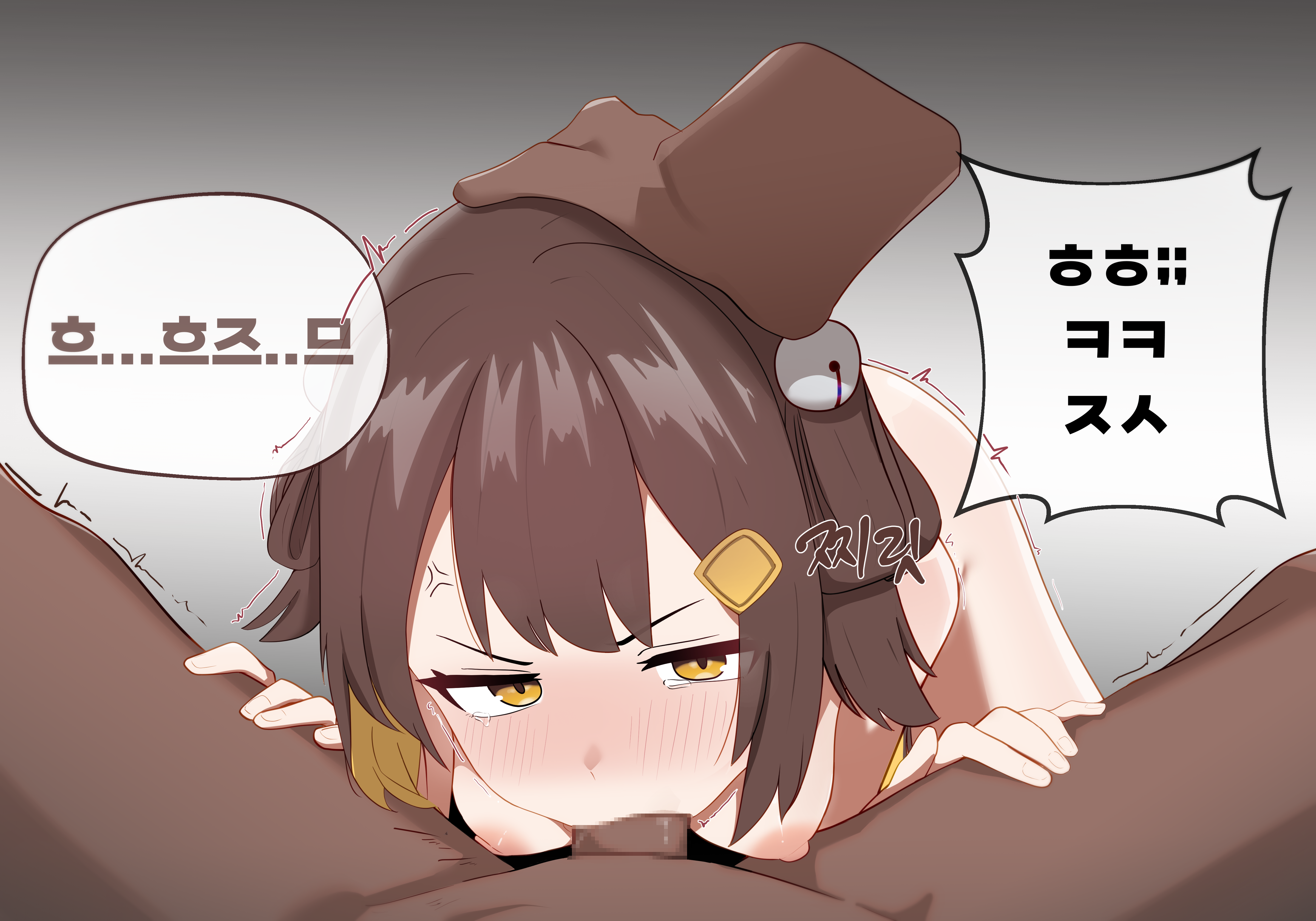tam tambourine, indie virtual youtuber, absurdres, highres, 1boy, 1girl, anger vein, blush, breasts, brown hair, censored, dark-skinned male, dark skin, deepthroat, fellatio, hair ornament, hand on another's head, hetero, irrumatio, korean text, looking at viewer, mosaic censoring, nipples, oral, penis, pov, small breasts, solo focus, user teax8283, yellow eyes