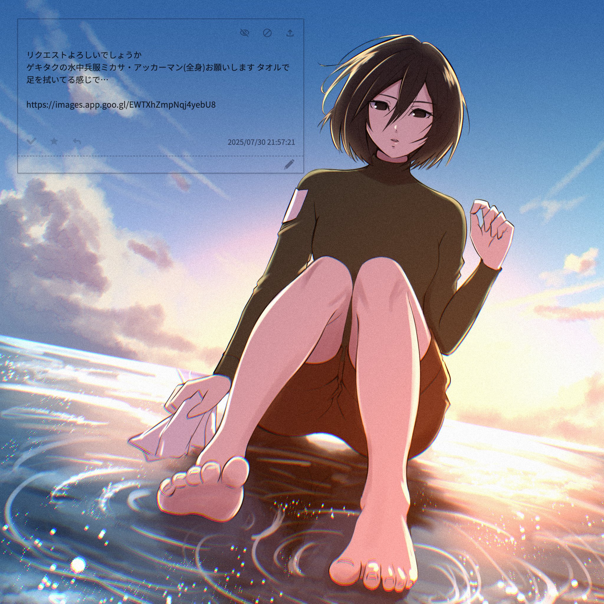 oshizu, mikasa ackerman, odaibako, shingeki no kyojin, commentary request, highres, translation request, 1girl, barefoot, black eyes, black hair, black shorts, evening, feet, foot focus, full body, green sweater, horizon, knees up, long sleeves, looking at viewer, on ground, on water, outdoors, parted lips, request inset, short hair, shorts, sitting, sky, solo, sunset, sweater, toes, water
