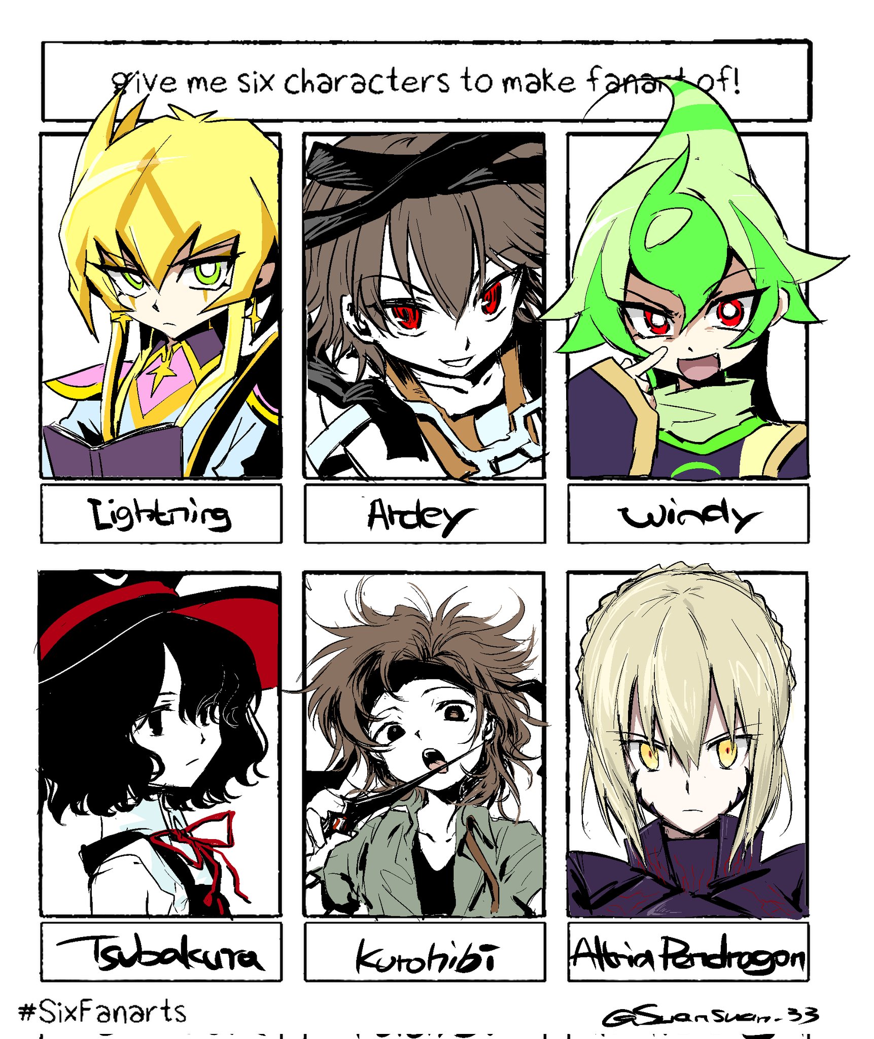 mxx33, arde (len'en), artoria pendragon (fate), enraku tsubakura, kurohebi, kuzu suzumi, lightning (yu-gi-oh! vrains), fate/stay night, fate (series), len'en, yu-gi-oh!, yu-gi-oh! vrains, highres, 1girl, 2boys, 3others, akanbe, androgynous, armor, bandana, bare shoulders, black bandana, black coat, black eyes, black hair, black hat, black headband, black shirt, blonde hair, blue shirt, book, braid, breastplate, bright pupils, brown hair, closed mouth, coat, collarbone, collared coat, collared shirt, crossed arms, crown braid, dagger, expressionless, eyelid pull, floating hair, green coat, green eyes, green hair, green scarf, hair between eyes, happy, hat, headband, holding, holding book, holding dagger, holding knife, holding weapon, jacket, knife, light frown, long sleeves, looking ahead, looking at viewer, multiple boys, multiple drawing challenge, multiple others, neck ribbon, open book, open clothes, open coat, open jacket, open mouth, orange jacket, parent and child, pauldrons, purple shirt, red eyes, red hat, red ribbon, ribbon, scar, scar across eye, scar on face, scarf, shirt, short hair with long locks, shoulder armor, sidelocks, six fanarts challenge, sleeveless, sleeveless coat, sleeveless jacket, sleeveless shirt, sleeves past wrists, smile, spiked hair, tongue, tongue out, top hat, two-sided fabric, two-sided headwear, upper body, v-neck, weapon, white background, white pupils, white shirt, wide sleeves, windy (yu-gi-oh! vrains), yellow eyes