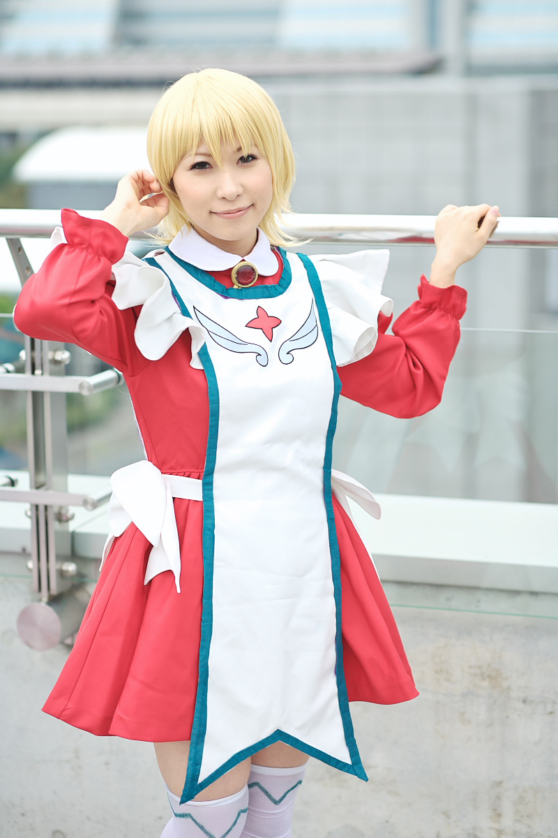 chippi, erstin ho, my-otome, highres, photo (medium), apron, asian, blonde hair, cosplay, maid, maid apron, school uniform, serafuku, thighhighs