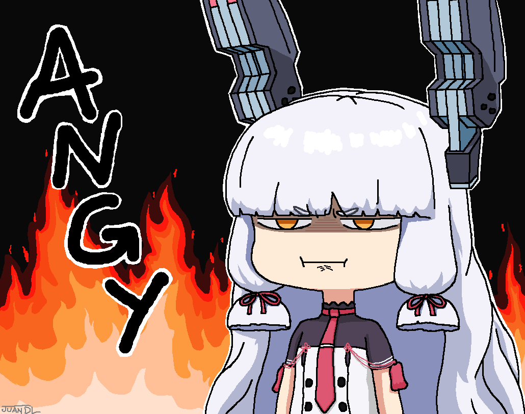 canned juan, murakumo (kancolle), murakumo kai ni (kancolle), kantai collection, sono bisque doll wa koi wo suru, commentary, commission, english commentary, microsoft paint (medium), 1girl, angry, blunt tresses, dress, fire, floating headgear, hair ribbon, headgear, long hair, necktie, orange eyes, parody, red necktie, ribbon, short eyebrows, sidelocks, solo, tress ribbon, typo, white dress, white hair