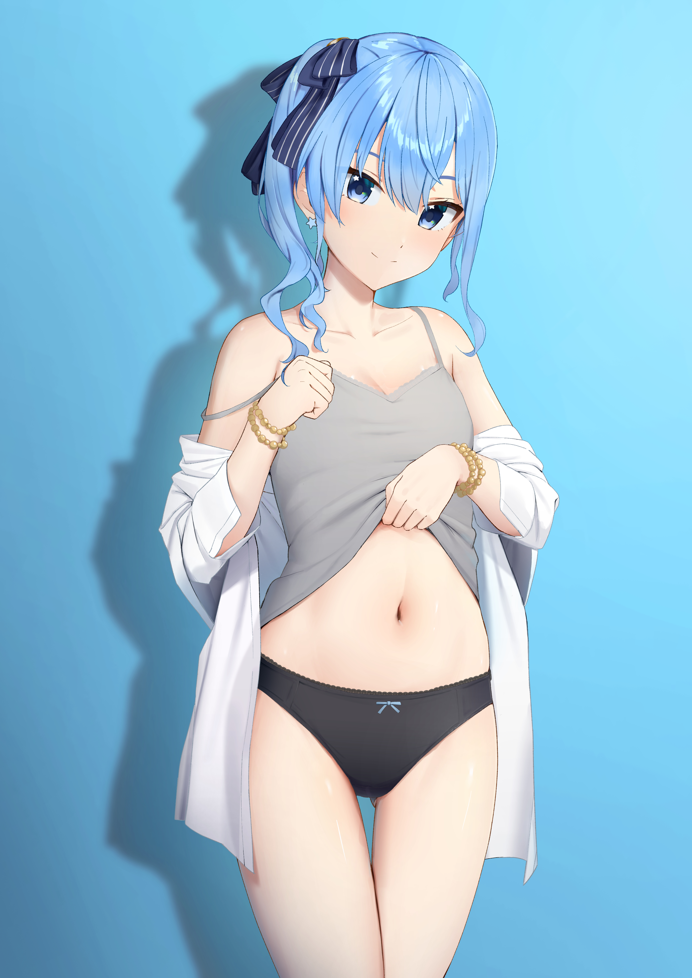 minmi (minmiism), hoshimachi suisei, hololive, absurdres, highres, mixed-language commentary, 1girl, black panties, blue background, blue eyes, blue hair, bracelet, breasts, camisole, closed mouth, clothes lift, cowboy shot, grey camisole, hair ribbon, jewelry, lifting own clothes, looking at viewer, navel, open clothes, open shirt, panties, ribbon, shirt, shirt lift, side ponytail, simple background, small breasts, smile, solo, star (symbol), star in eye, stomach, symbol in eye, thighs, underwear, virtual youtuber, white shirt