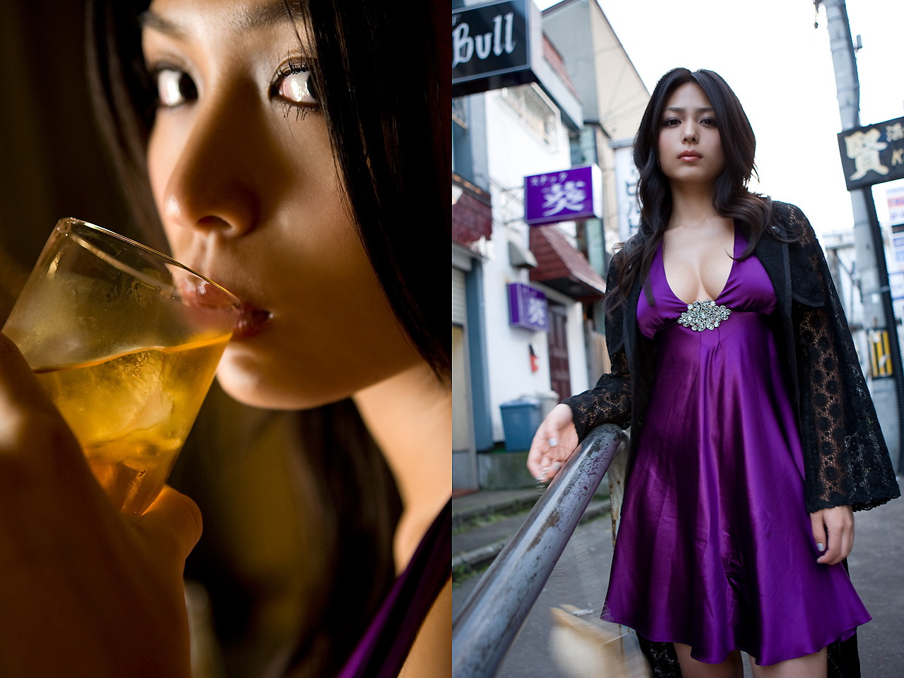 kawamura yukie, photo (medium), coat, drinking, evening gown, see-through clothes