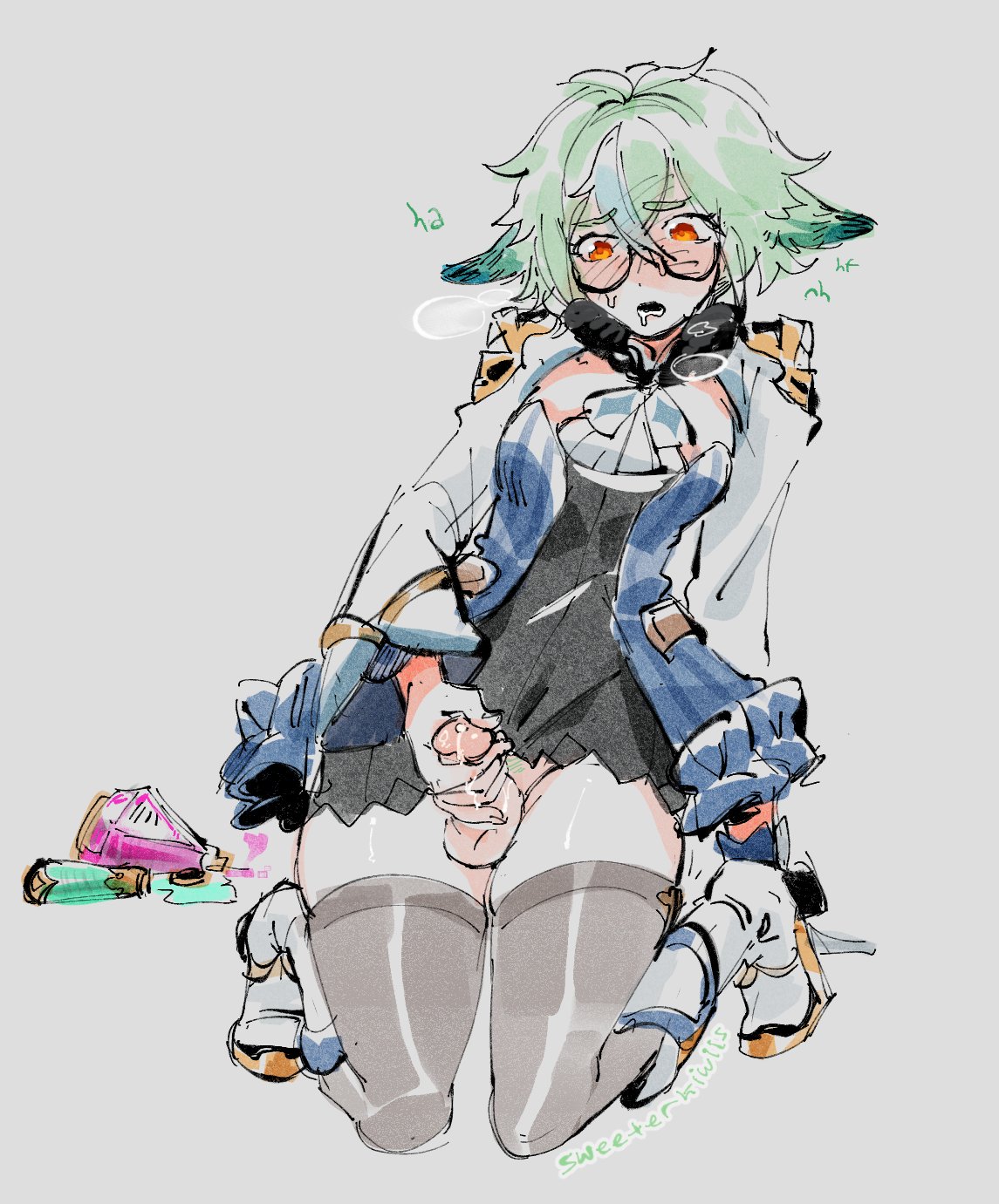 deertripetri, sucrose (genshin impact), genshin impact, highres, 1girl, animal ears, aroused, blush, border, colored pubic hair, drooling, erection, female pubic hair, fox ears, fox girl, full body, futanari, futanari masturbation, green hair, green pubic hair, green pupils, grey background, kneeling, masturbation, open mouth, penis, pubic hair, red eyes, shirt, simple background, solo, sweat, testicles, thighhighs, uncensored, white border, white shirt