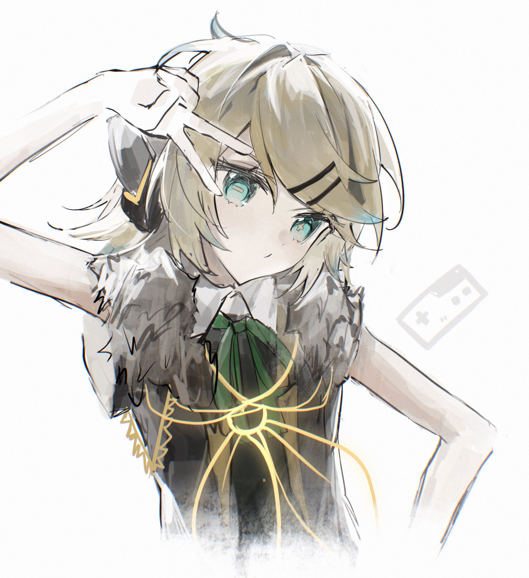 shiruru531, kagamine rin, remote control (vocaloid), vocaloid, highres, 1girl, aqua eyes, arm up, blonde hair, blue eyes, bow, collared shirt, fur trim, green bow, hair ornament, hairclip, headphones, looking at viewer, neck ribbon, ribbon, shirt, short hair, simple background, sleeveless, solo, swept bangs, upper body, v, v over eye, vest, white background, white shirt