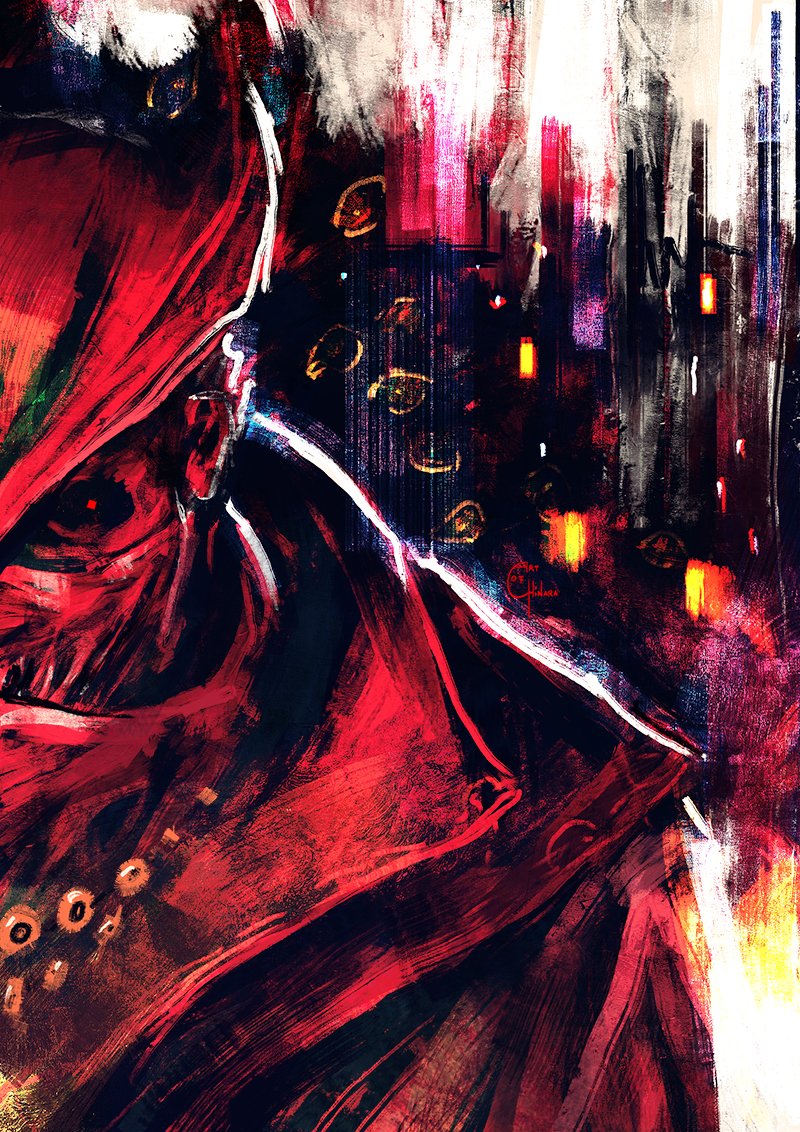 artofchinara, hunter (bloodborne), bloodborne, 1other, black background, covered mouth, hat, jacket, jewelry, mask, mouth mask, necklace, red eyes, red theme, solo, tricorne