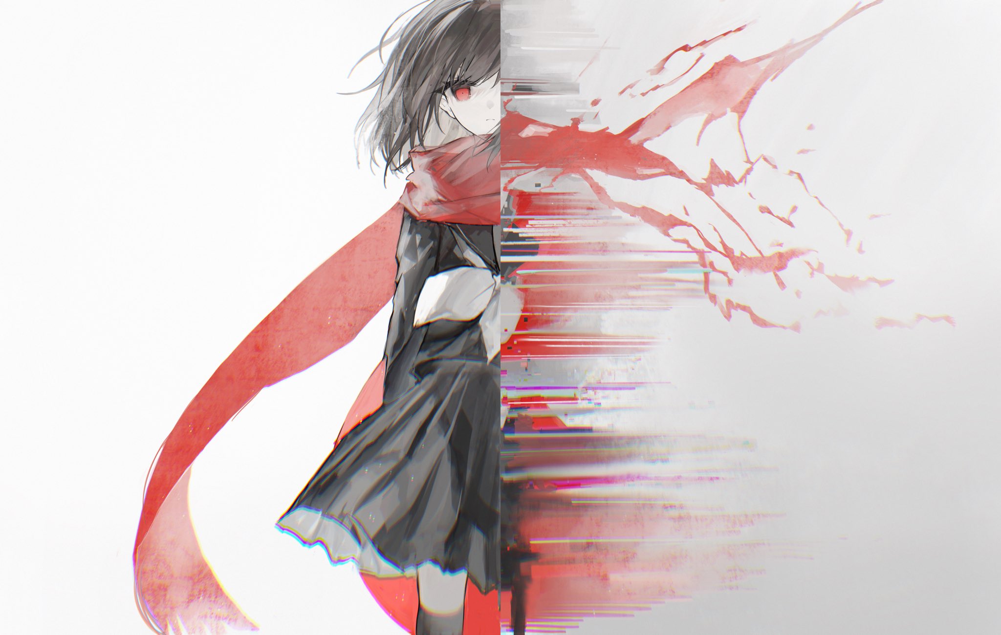 shiruru531, tateyama ayano, kagerou project, highres, 1girl, additional memory (vocaloid), black hair, black sailor collar, black serafuku, black shirt, black skirt, black socks, closed mouth, dissolving, enpera, expressionless, feet out of frame, floating scarf, glitch, grey background, hair ornament, hairclip, kneehighs, long hair, long sleeves, looking at viewer, neckerchief, pleated skirt, red eyes, red scarf, sailor collar, scarf, school uniform, serafuku, shirt, simple background, skirt, socks, solo, white background, white neckerchief