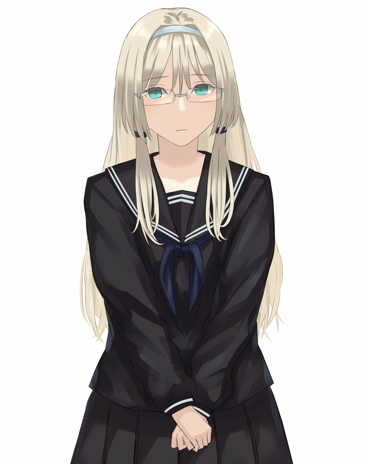 asakiri koko, an-94 (girls' frontline), girls' frontline, commentary request, highres, 1girl, alternate costume, bespectacled, black sailor collar, black serafuku, black shirt, black skirt, blue eyes, cowboy shot, double-parted bangs, frown, glasses, hair between eyes, hair tie, hairband, long hair, long sleeves, looking at viewer, pleated skirt, sailor collar, school uniform, serafuku, shirt, sidelocks, simple background, skirt, solo, white background, white hair, white hairband