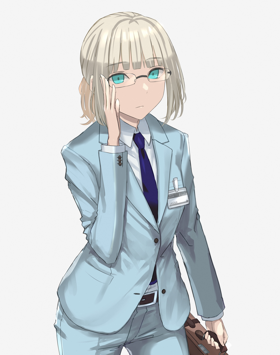 asakiri koko, an-94 (antje) (girls' frontline), an-94 (girls' frontline), girls' frontline, commentary request, highres, 1girl, adjusting eyewear, belt, black belt, blonde hair, blue eyes, blue jacket, blue necktie, blue pants, blunt bangs, briefcase, collared shirt, cowboy shot, frown, glasses, holding, holding briefcase, id card, jacket, long sleeves, looking at viewer, medium hair, necktie, official alternate costume, pants, ponytail, shirt, sidelocks, simple background, solo, suit jacket, suit pants, upper body, white background, white shirt