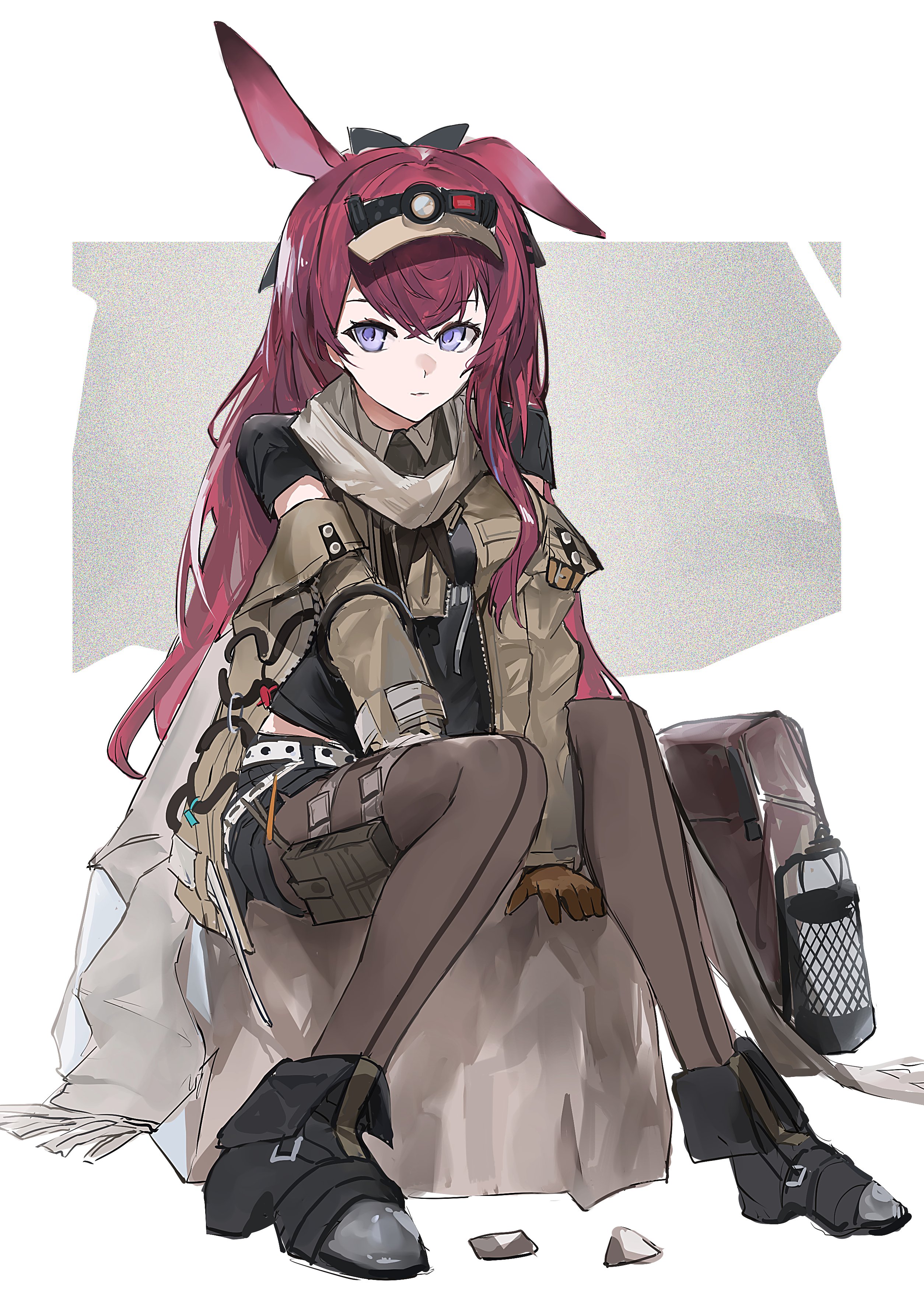 sudadachi, ray (arknights), arknights, absurdres, highres, 1girl, animal ears, black boots, black pantyhose, boots, grey background, hair between eyes, long hair, pantyhose, purple eyes, rabbit ears, rabbit girl, red hair, solo, thighs, two-tone background, white background