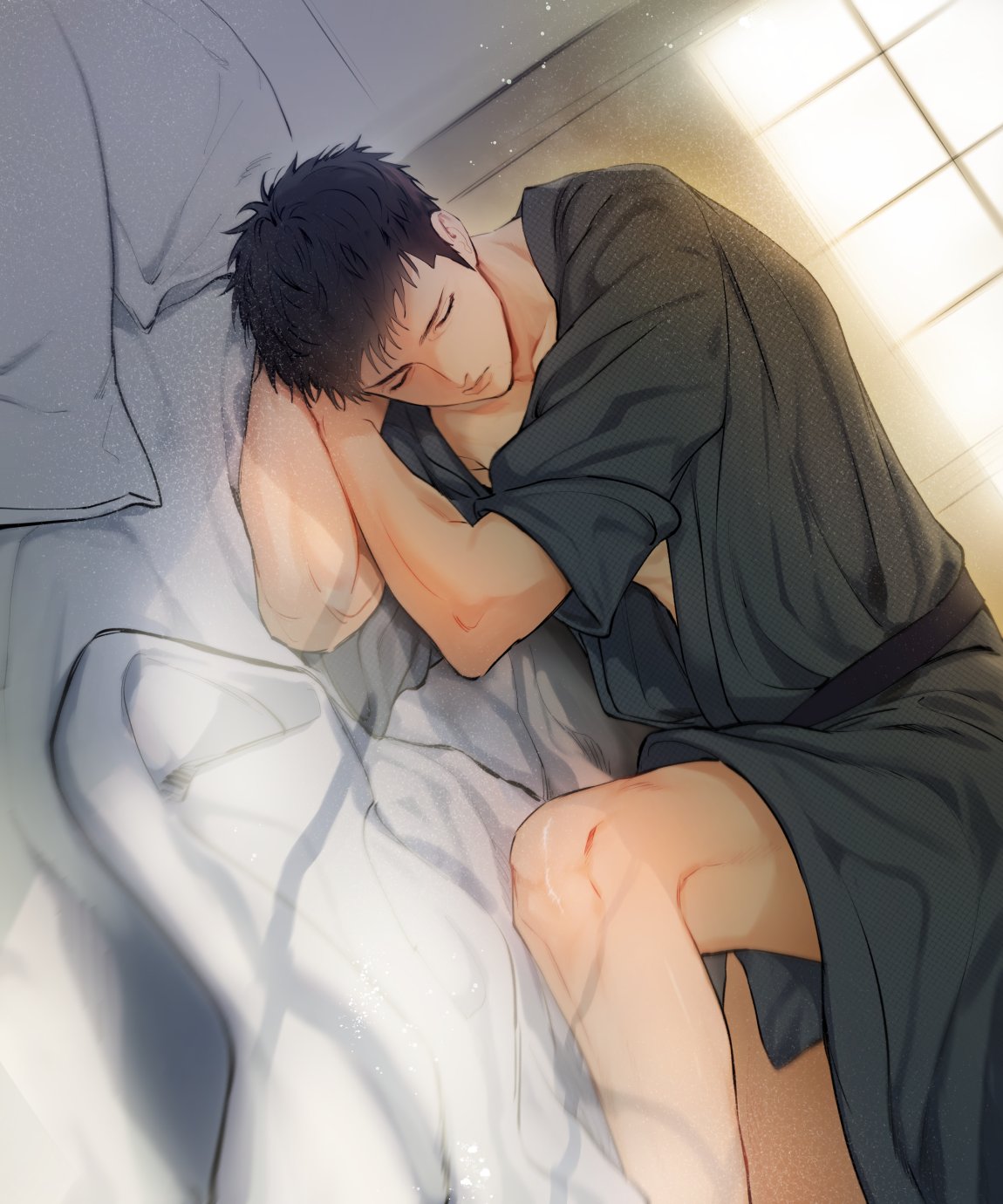 original, highres, 1boy, bed, black hair, black kimono, closed eyes, closed mouth, iceflake ice, indoors, japanese clothes, kimono, light particles, lying, male focus, morning, on bed, on side, pillow, short hair, sleeping, solo