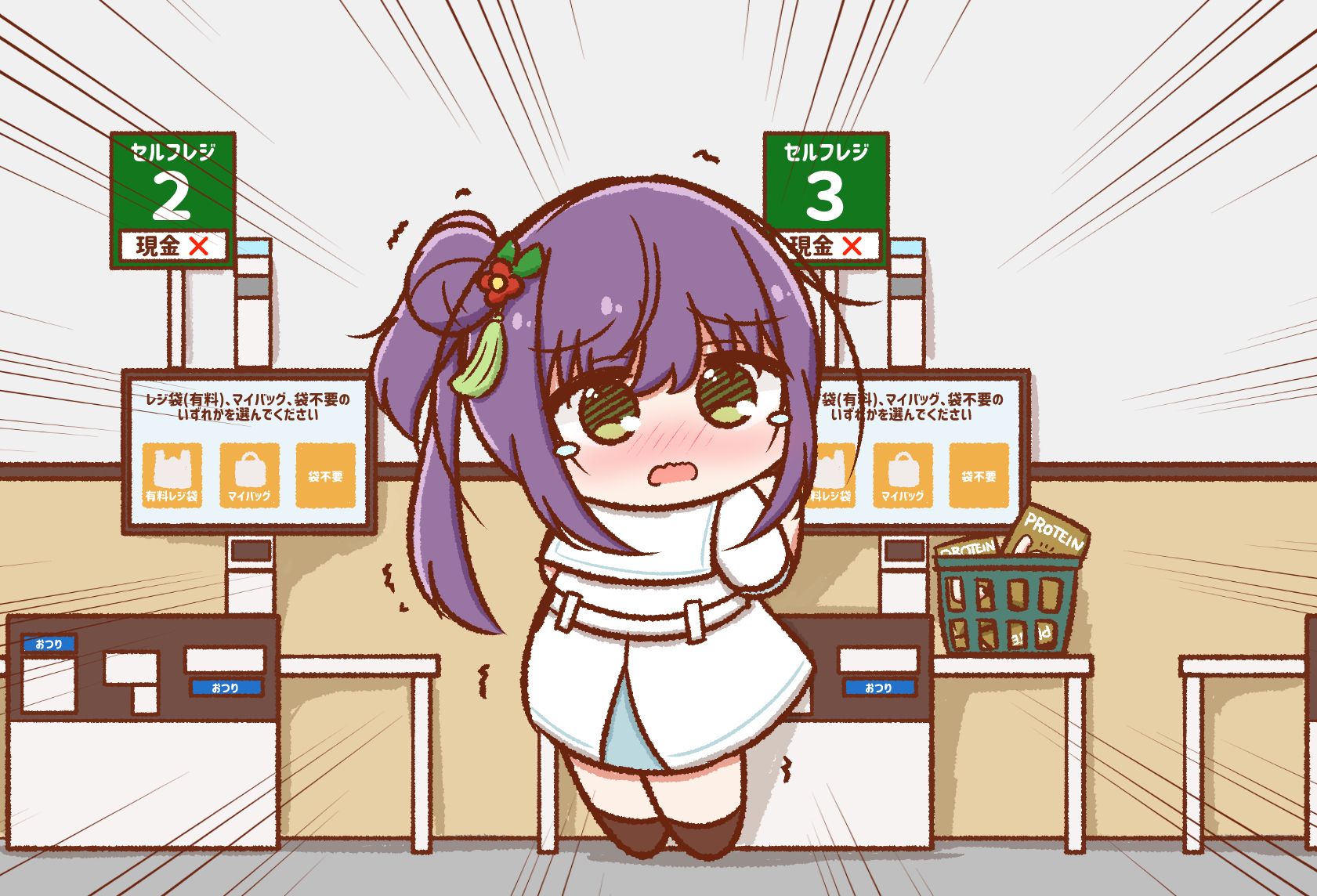 p-man-p-man, otomune kozue, link! like! love live!, love live!, commentary request, highres, translation request, 1girl, blush, bucket, checkout (shopping), chibi, chibi only, dress, emphasis lines, flower, green eyes, hair bun, hair flower, hair ornament, hasu no sora school uniform, indoors, long hair, medium dress, nose blush, pleated dress, purple hair, red flower, sailor collar, sailor dress, school uniform, short sleeves, side ponytail, sidelocks, single side bun, solo, standing, summer uniform, tassel, tassel hair ornament, tearing up, trembling, virtual youtuber, white dress, white sailor collar