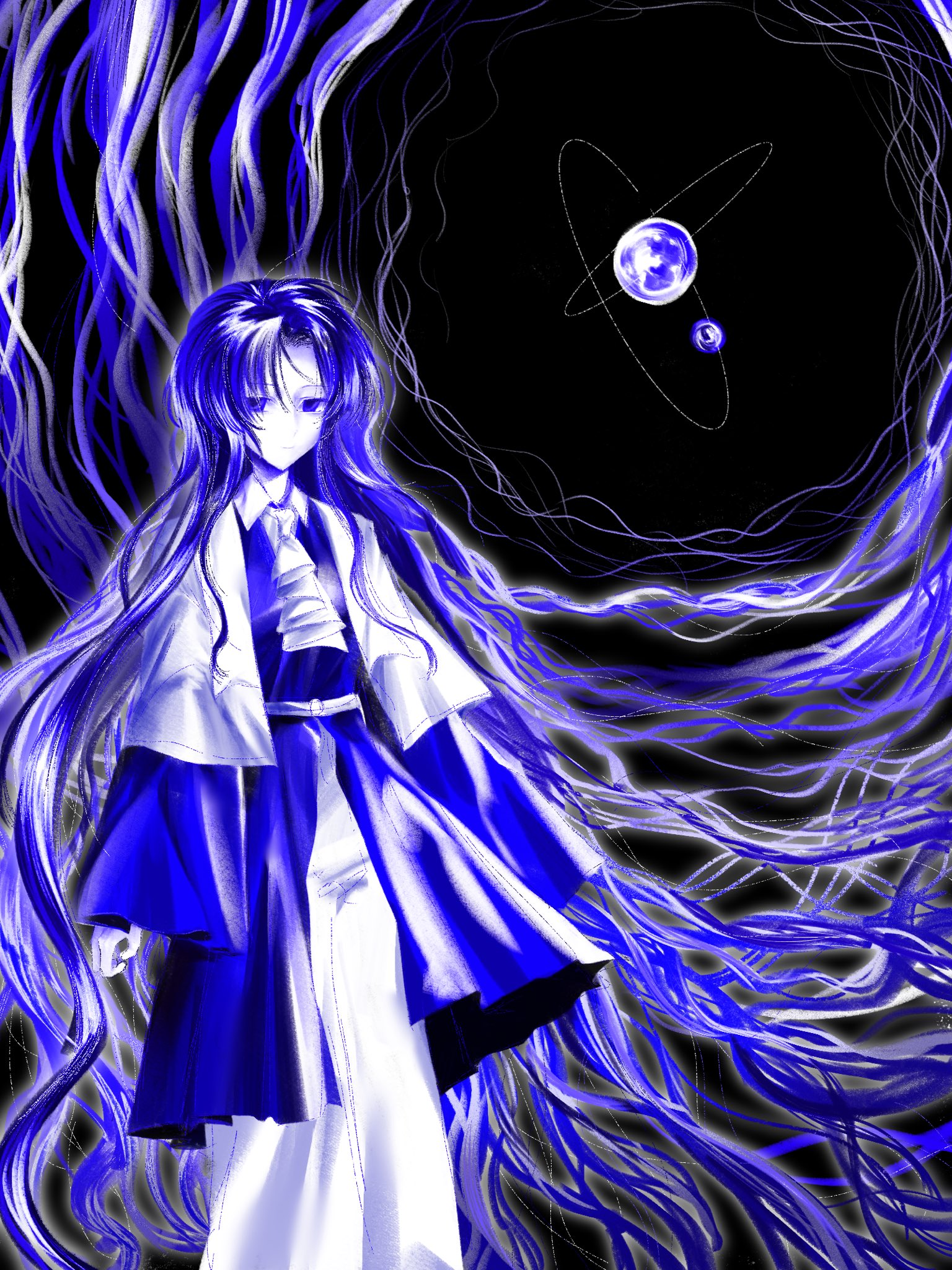 gas wf, clause (len'en), len'en, highres, 1other, absurdly long hair, androgynous, ascot, atom, belt, belt buckle, black background, buckle, capelet, closed mouth, coat, collared shirt, extra ears, feet out of frame, floating hair, long hair, long sleeves, looking at viewer, monochrome, other focus, pants, parted bangs, purple theme, shirt, solo, standing, very long hair, wide sleeves