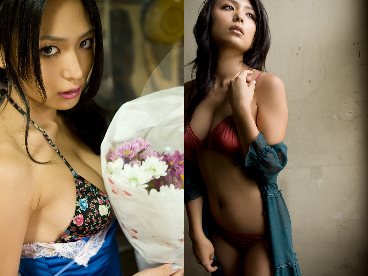 kawamura yukie, photo (medium), asian, bra, camisole, dress, flower, lingerie, open clothes, open dress, panties, see-through clothes, strap slip, underwear