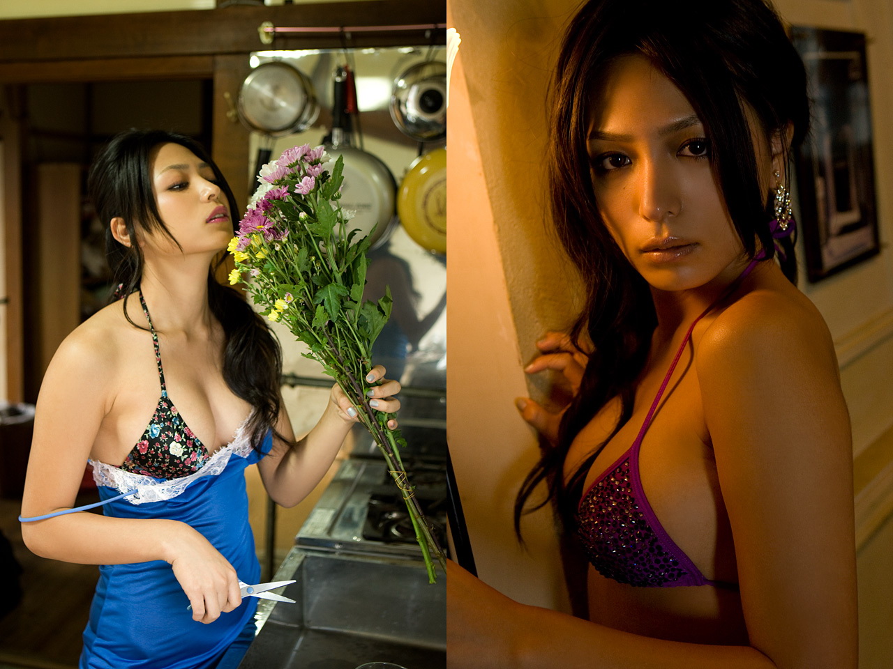 kawamura yukie, photo (medium), asian, bikini, bikini top only, bra, camisole, flower, lingerie, scissors, strap slip, swimsuit, underwear