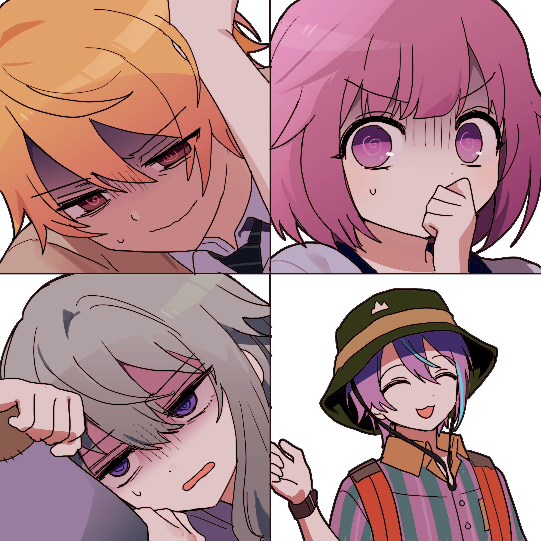 jihecchi, kamishiro rui, kusanagi nene, ootori emu, tenma tsukasa, project sekai, highres, 2boys, 2girls, blonde hair, blue hair, bucket hat, closed eyes, closed mouth, collared shirt, column lineup, green hair, hair between eyes, hat, heart, long hair, long sleeves, multicolored hair, multiple boys, multiple girls, necktie, open mouth, orange hair, pink eyes, pink hair, purple eyes, purple hair, school uniform, shirt, short hair, simple background, smile, streaked hair, striped clothes, sweat, two-tone hair, watch, white background