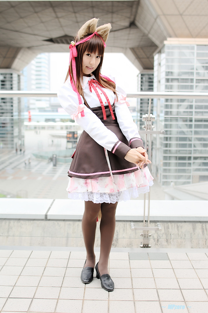 chihaya, character request, photo (medium), source request, animal ears, cosplay, dog ears, hair ribbon, ribbon, school uniform, serafuku, thighhighs