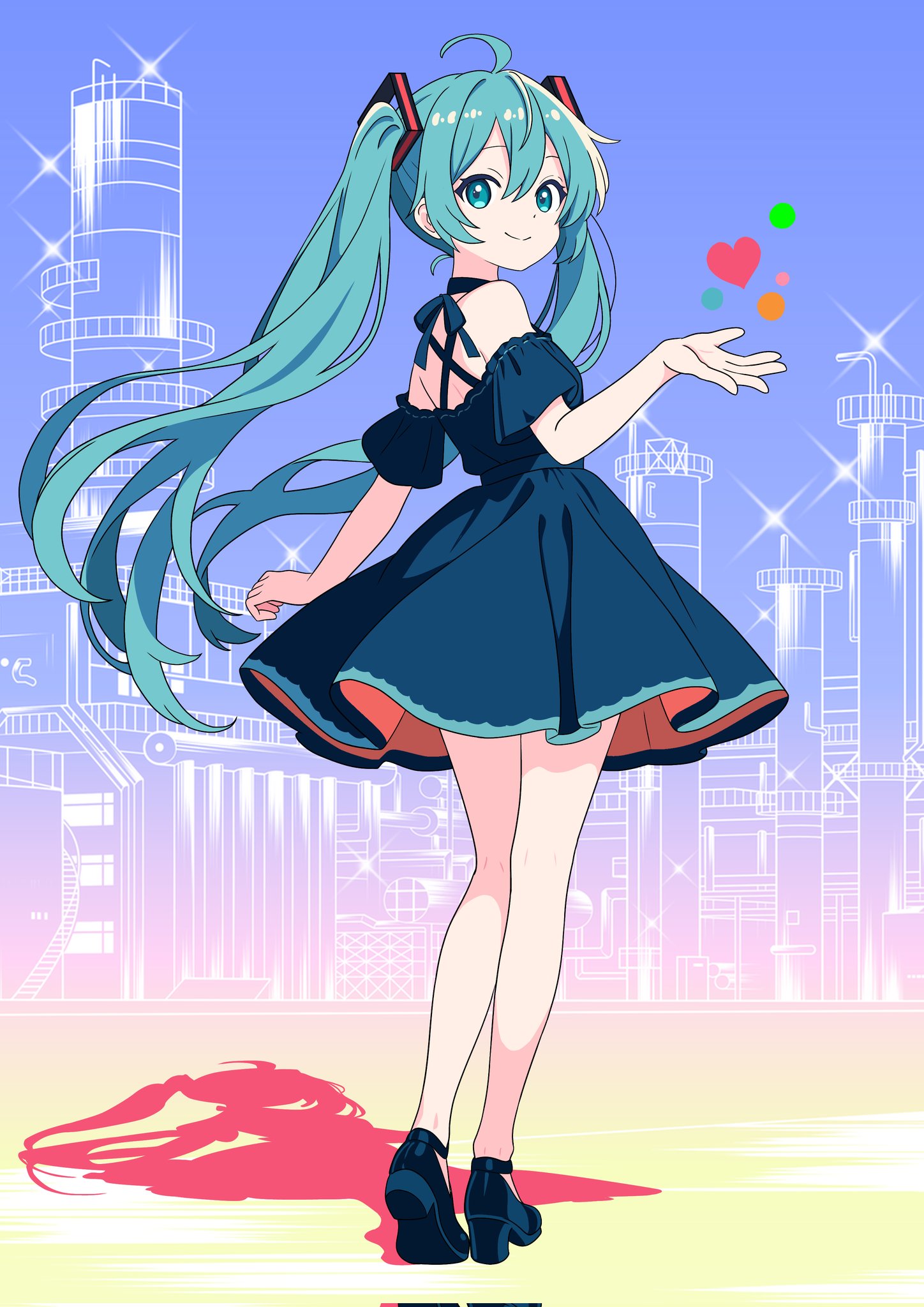 hatsune miku, vocaloid, highres, 1girl, aqua eyes, aqua hair, blue dress, dress, heart, long hair, looking at viewer, looking back, puffy short sleeves, puffy sleeves, short sleeves, smile, solo, twintails, very long hair, yakiniku-oyaji
