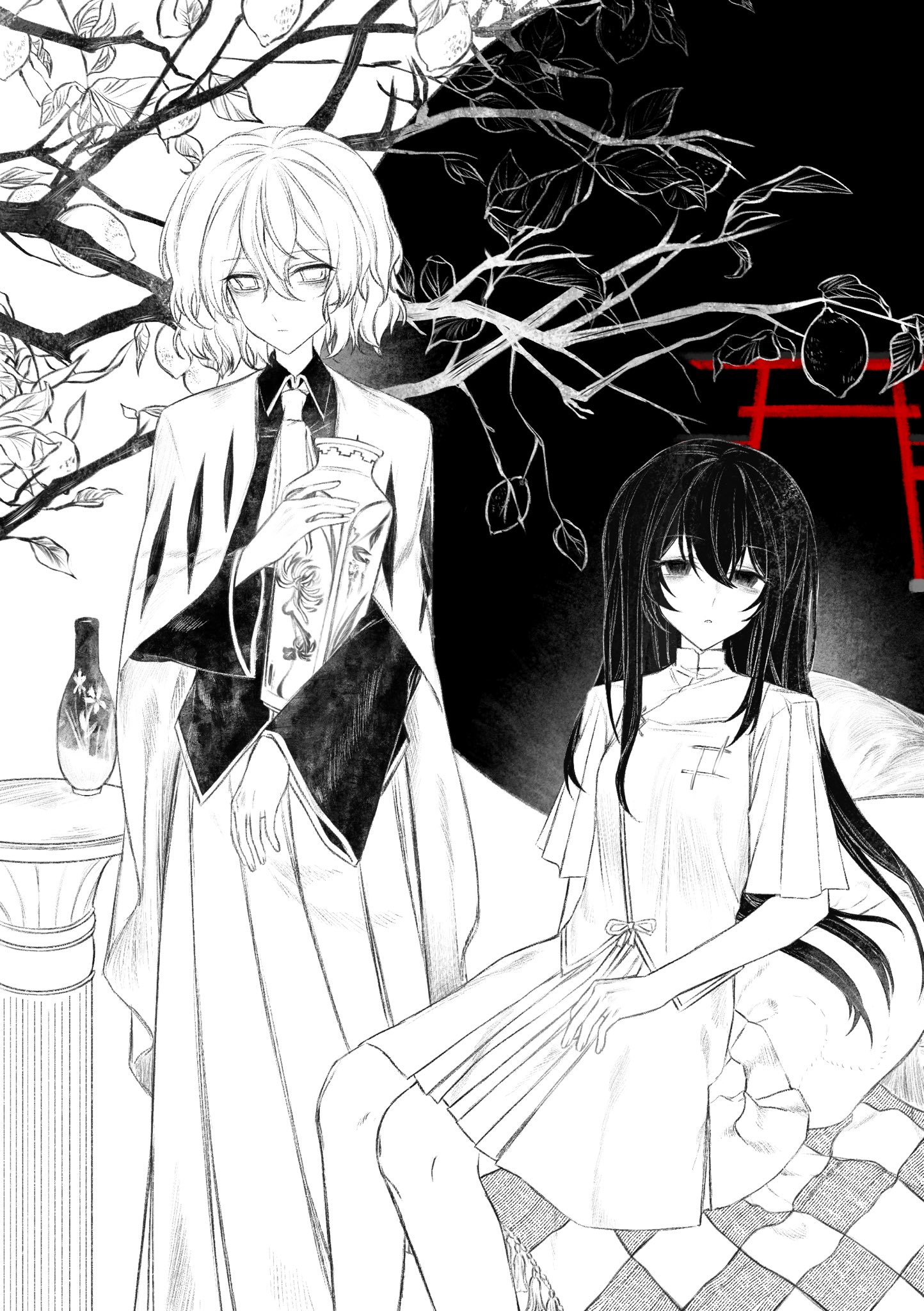 gas wf, haru (len'en), len'en, highres, 2girls, ascot, bare tree, cape, closed mouth, collared shirt, crossed bangs, expressionless, feet out of frame, greyscale, hair between eyes, hand on lap, high collar, holding, holding vase, knees, long hair, long skirt, long sleeves, medium skirt, monochrome, multiple girls, pleated skirt, pleated sleeves, podium, shirt, shitodo hoojiro, short hair, short sleeves, sidelocks, sitting, skirt, spot color, standing, straight hair, torii, tree, vase, very long hair, vest, wide sleeves