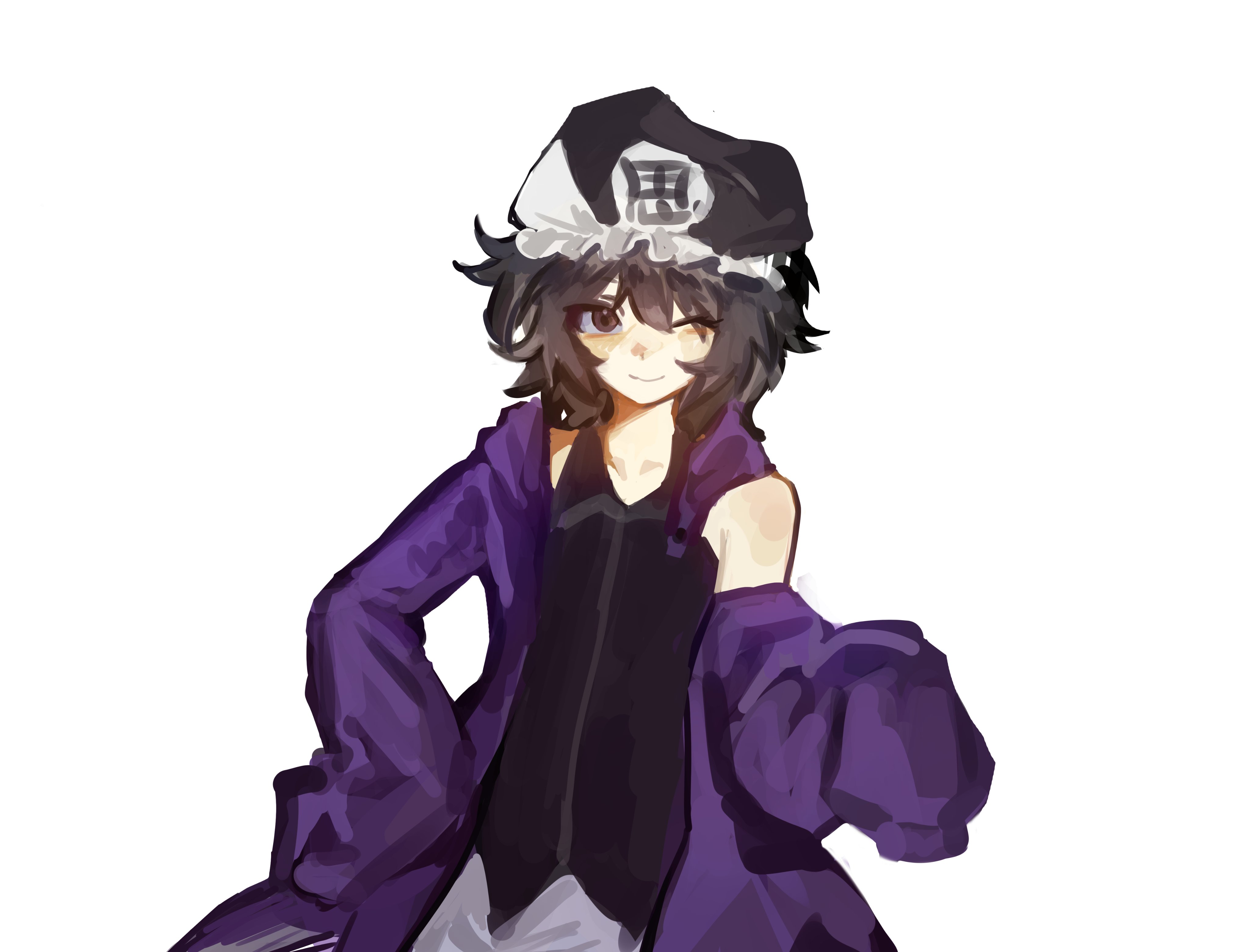 shitodo kuroji, len'en, absurdres, artist request, commentary, commission, english commentary, highres, second-party source, 1other, androgynous, black eyes, black hair, black hat, black shirt, closed mouth, collarbone, cowboy shot, detached sleeves, frilled headwear, grey shorts, hair between eyes, hand on own hip, happy, hat, hood, hood down, hooded jacket, jacket, long sleeves, mob cap, one eye closed, other focus, outstretched hand, purple jacket, purple sleeves, shirt, short hair, shorts, simple background, single bare shoulder, sleeveless, sleeveless jacket, sleeves past fingers, sleeves past wrists, smile, solo, standing, triangular headpiece, white background, wide sleeves, zipper