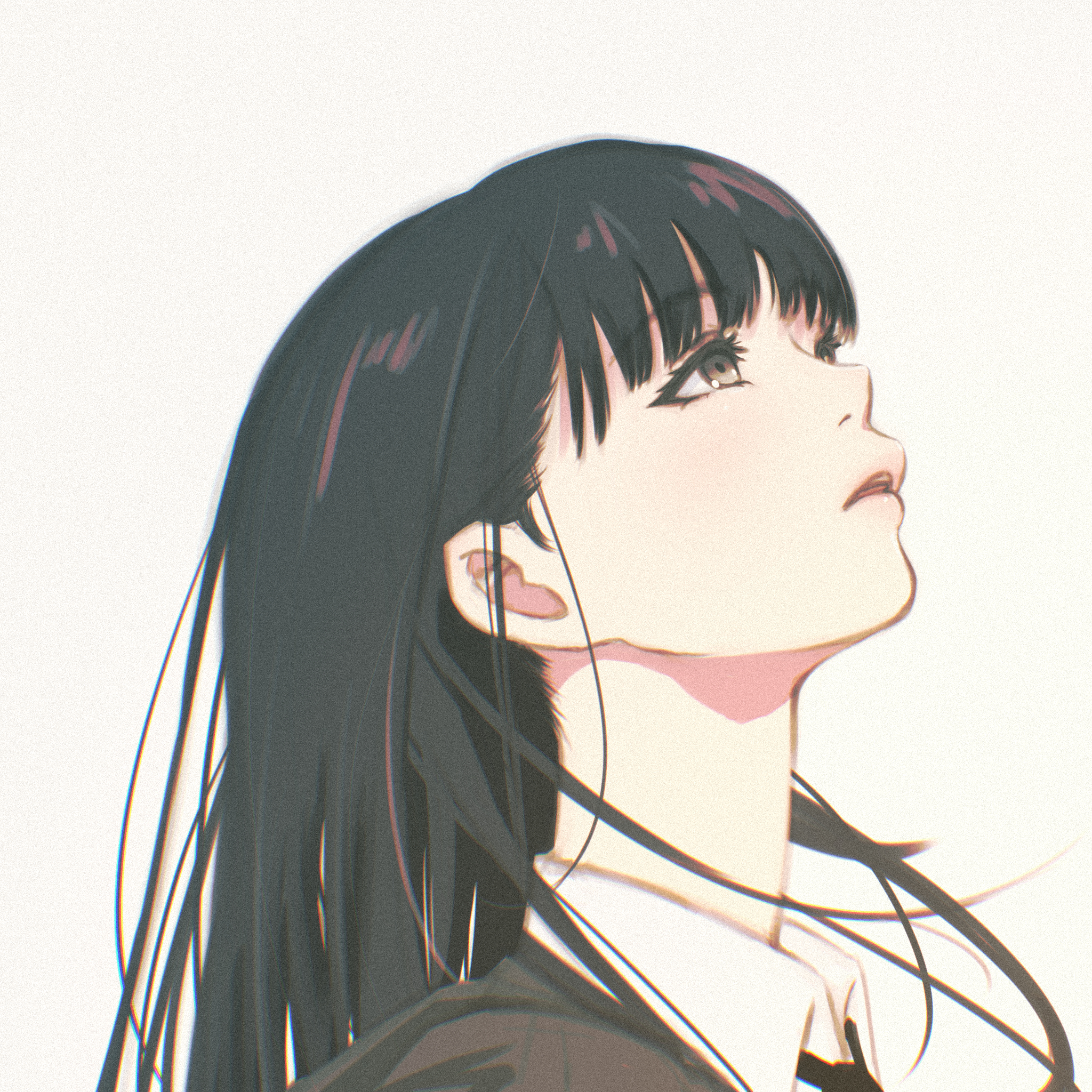 oshizu, ayatsuji tsukasa, amagami, commentary, highres, 1girl, black eyes, black hair, blunt bangs, from side, gradient background, grey background, hair behind ear, long hair, looking up, open mouth, profile, solo, straight hair