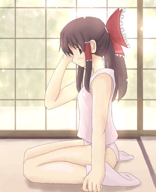 nabetomo, hakurei reimu, touhou, 1girl, bare shoulders, bow, brown eyes, brown hair, camisole, collarbone, female focus, from side, full body, hair bow, indoors, japanese clothes, looking at viewer, looking to the side, miko, panties, pink panties, red bow, ribbon, seiza, sidelocks, sitting, socks, solo, tatami, underwear