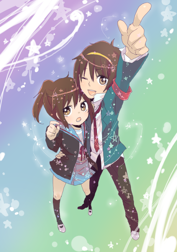 machiko (beard), kyonko, suzumiya haruhi, suzumiya haruhiko, suzumiya haruhi no yuuutsu, 00s, 1boy, 1girl, genderswap, genderswap (ftm), genderswap (mtf), ponytail, school uniform, serafuku