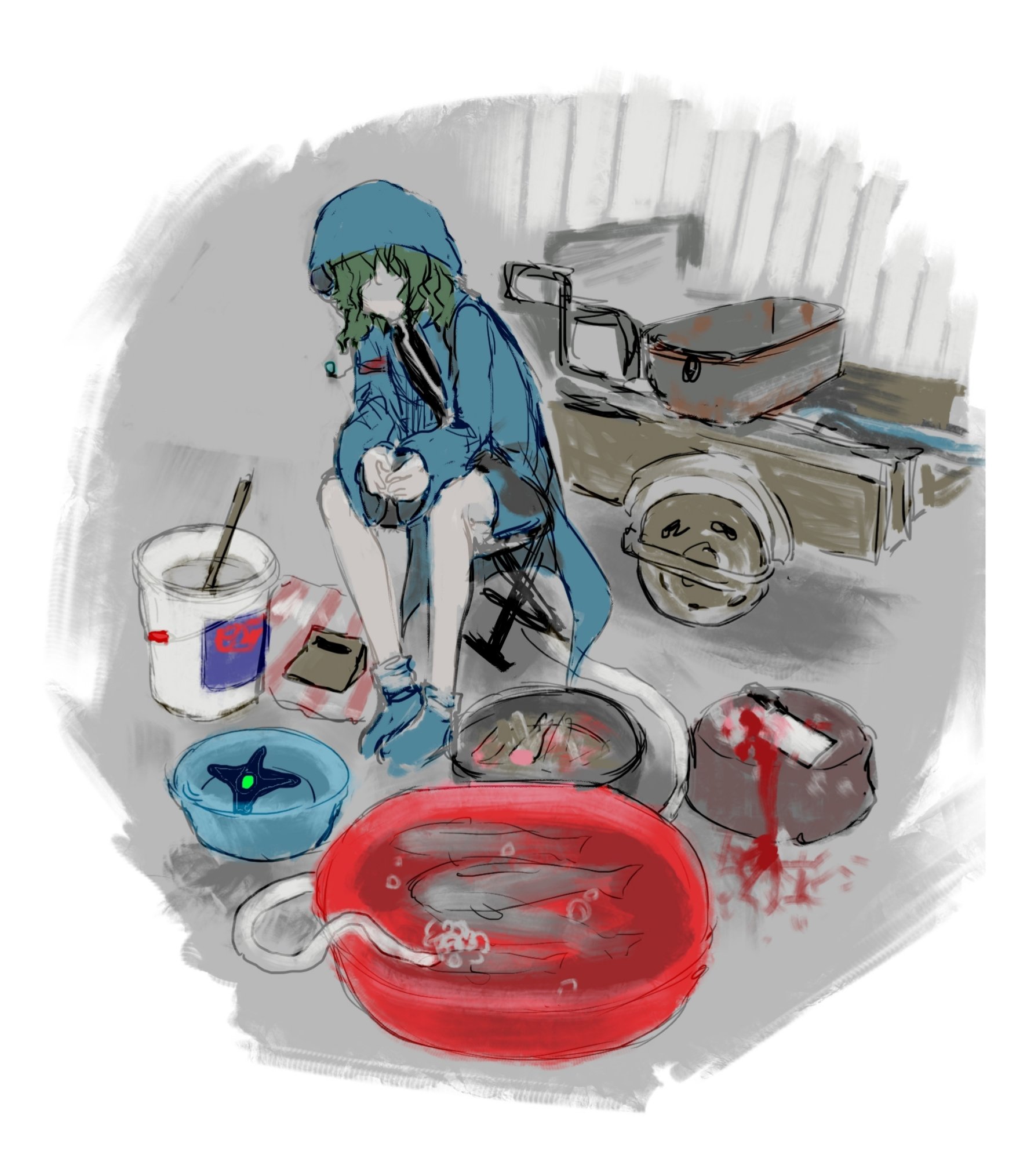nami oto, shitodo aoji, len'en, highres, 1other, androgynous, armband, bag, bare legs, black shirt, blood, blue boots, blue jacket, blue shorts, boots, border, chair, dead animal, faceless, fish, full body, green hair, grey shorts, hood, hood up, hooded jacket, indoors, jacket, long sleeves, on chair, open clothes, open jacket, other focus, own hands together, paper bag, red armband, round border, shirt, short hair, shorts, sitting, snake, socks, solo, towel, two-tone shorts, wheelbarrow, white border, white socks, zipper