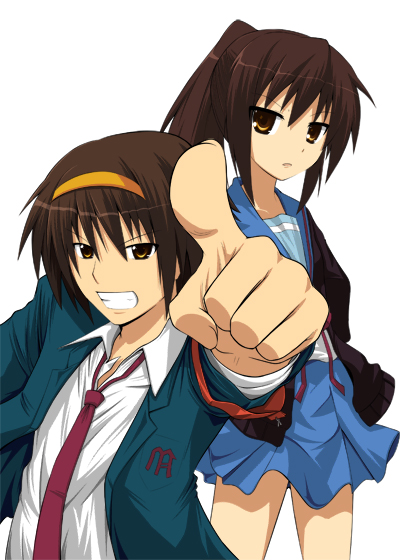 chipa (arutana), kyonko, suzumiya haruhi, suzumiya haruhiko, suzumiya haruhi no yuuutsu, bad id, bad pixiv id, 00s, 1boy, 1girl, genderswap, genderswap (ftm), genderswap (mtf), pointing, ponytail, school uniform, serafuku