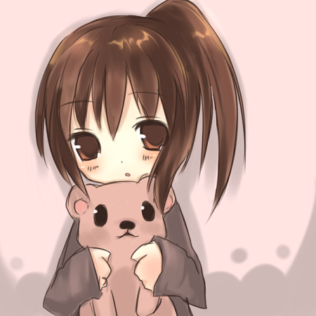 kyonko, suzumiya haruhi no yuuutsu, lowres, 00s, 1girl, female focus, genderswap, genderswap (mtf), ponytail, school uniform, serafuku, solo, stuffed animal, stuffed toy