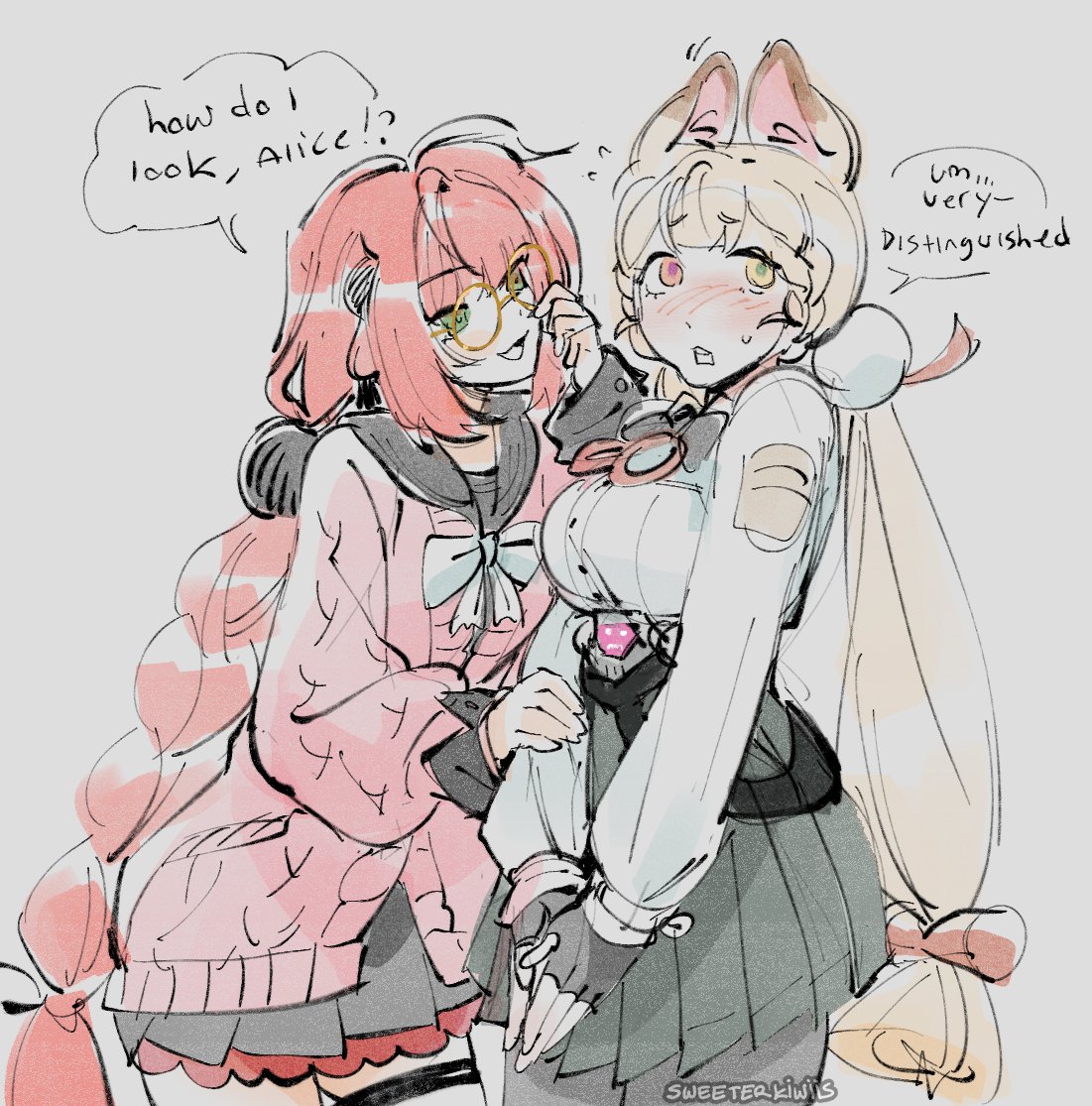 deertripetri, alice thymefield, ukinami yuzuha, zenless zone zero, 2girls, adjusting eyewear, animal ears, black pantyhose, black skirt, blonde hair, blush, bow, bowtie, braid, breasts, english text, green eyes, hand on another's arm, heterochromia, large breasts, long hair, looking at another, multiple girls, own hands together, pantyhose, pink sweater, rabbit ears, rabbit girl, red hair, round eyewear, shirt, simple background, skirt, speech bubble, sweat, sweater, white background, white shirt, yuri