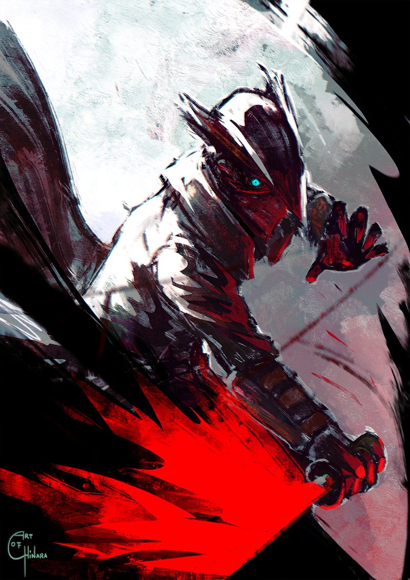 artofchinara, hunter (bloodborne), bloodborne, commentary, english commentary, 1other, black coat, black gloves, black hat, blood, blue eyes, bracer, coat, covered mouth, cowboy shot, fighting stance, gloves, hand up, hat, holding, holding sword, holding weapon, long sleeves, mask, mouth mask, solo, standing, sword, tricorne, weapon, white background